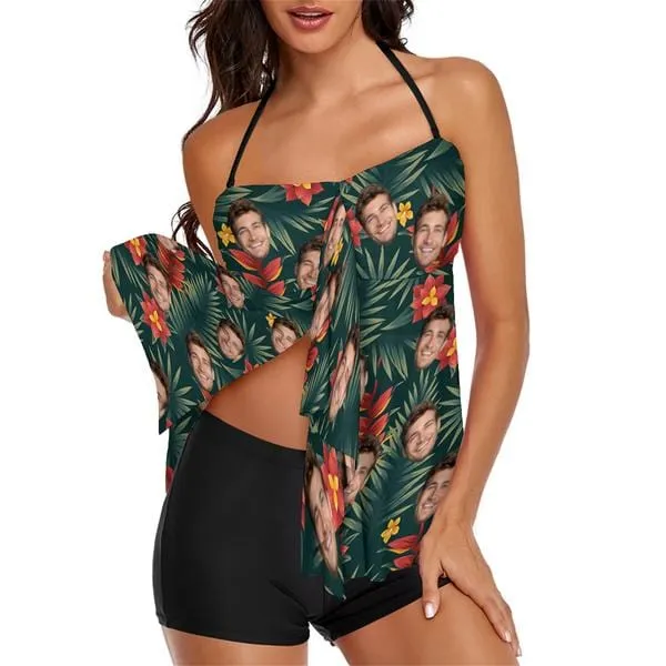 Custom Face Palm Leaves Pattern Tankini Two-piece Swimsuit