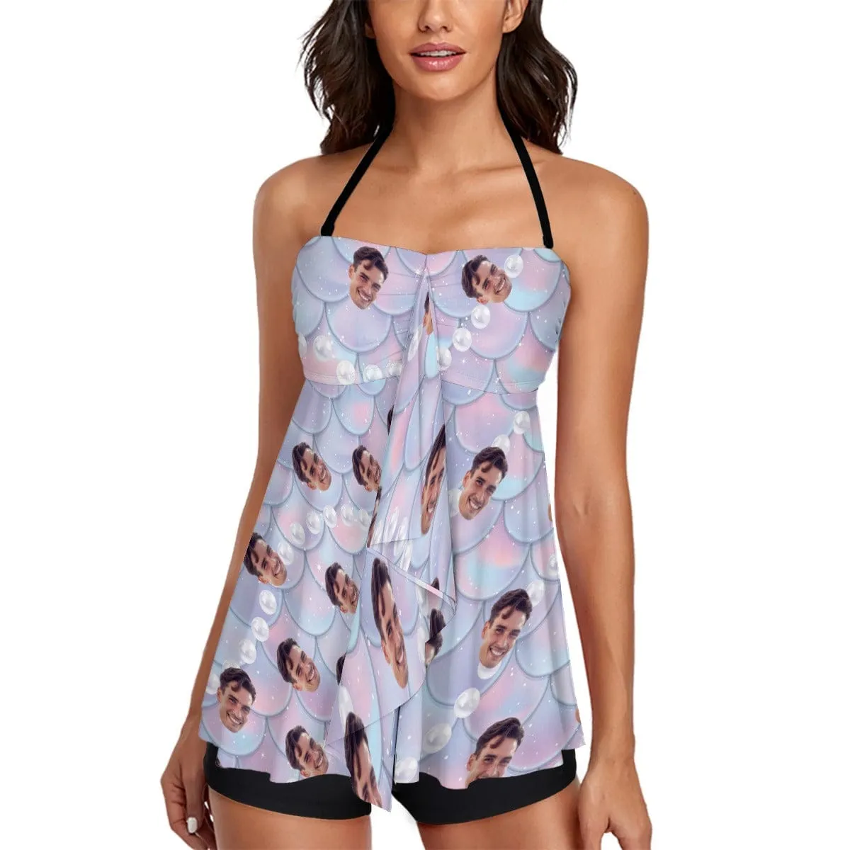 Custom Face Swimsuit Personalized Face Mermaid Two Piece Swimsuit Tankini For Women