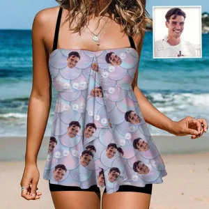 Custom Face Swimsuit Personalized Face Mermaid Two Piece Swimsuit Tankini For Women