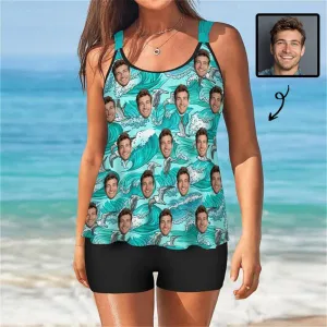 Custom Face Waves Blooming Tankini Two-Piece Swimsuit