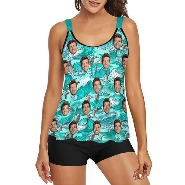 Custom Face Waves Blooming Tankini Two-Piece Swimsuit