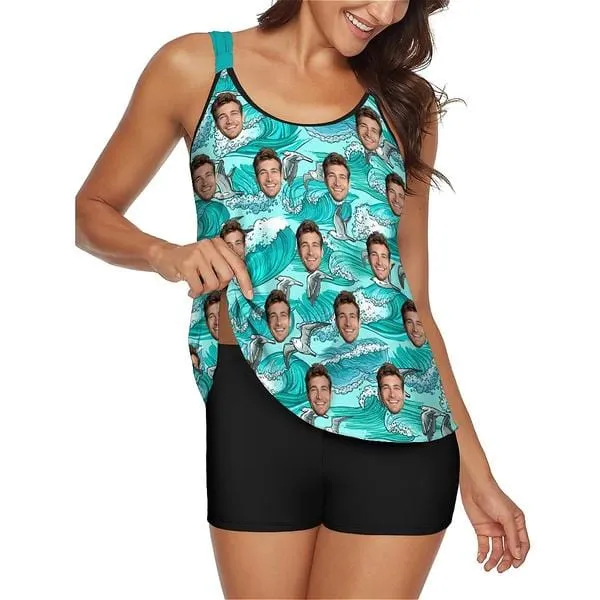Custom Face Waves Blooming Tankini Two-Piece Swimsuit