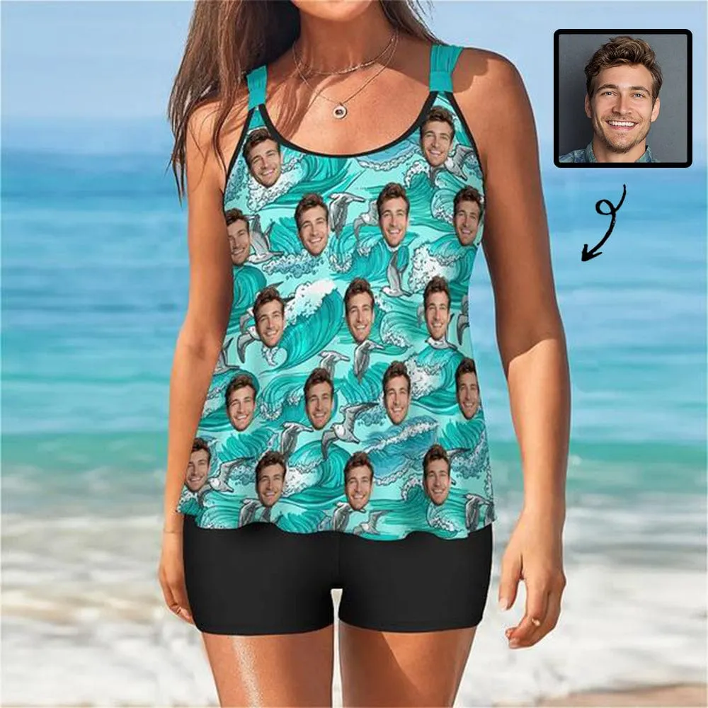 Custom Face Waves Blooming Tankini Two-Piece Swimsuit