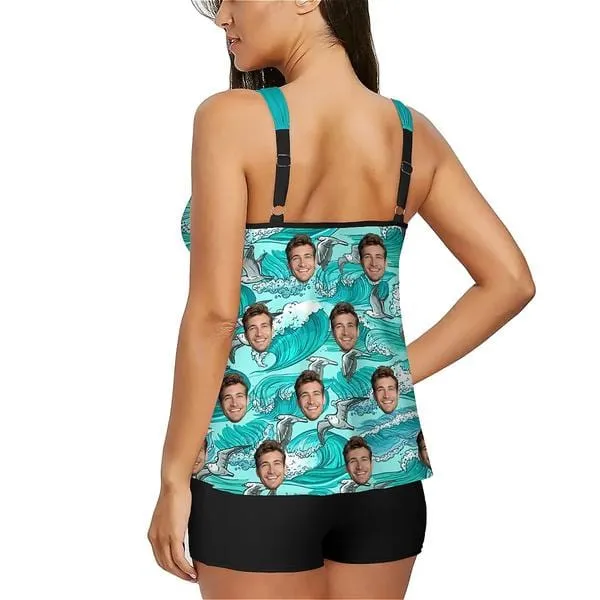 Custom Face Waves Blooming Tankini Two-Piece Swimsuit