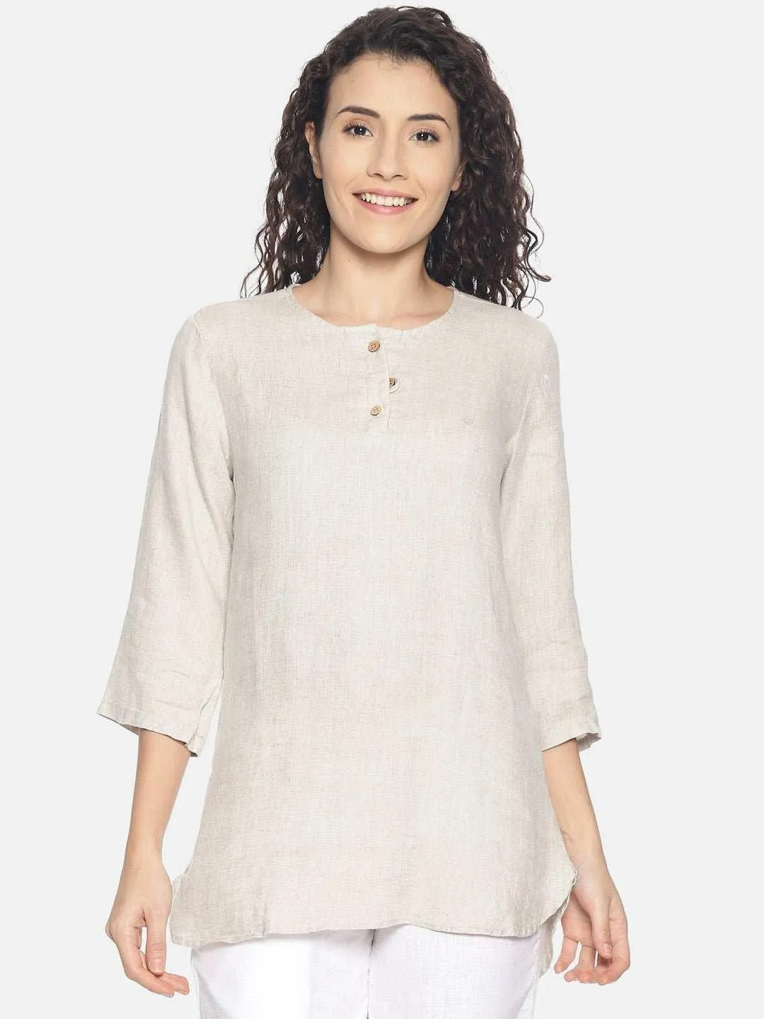 Ecentric Women's Beige and White Colour High low Lounge Wear Set