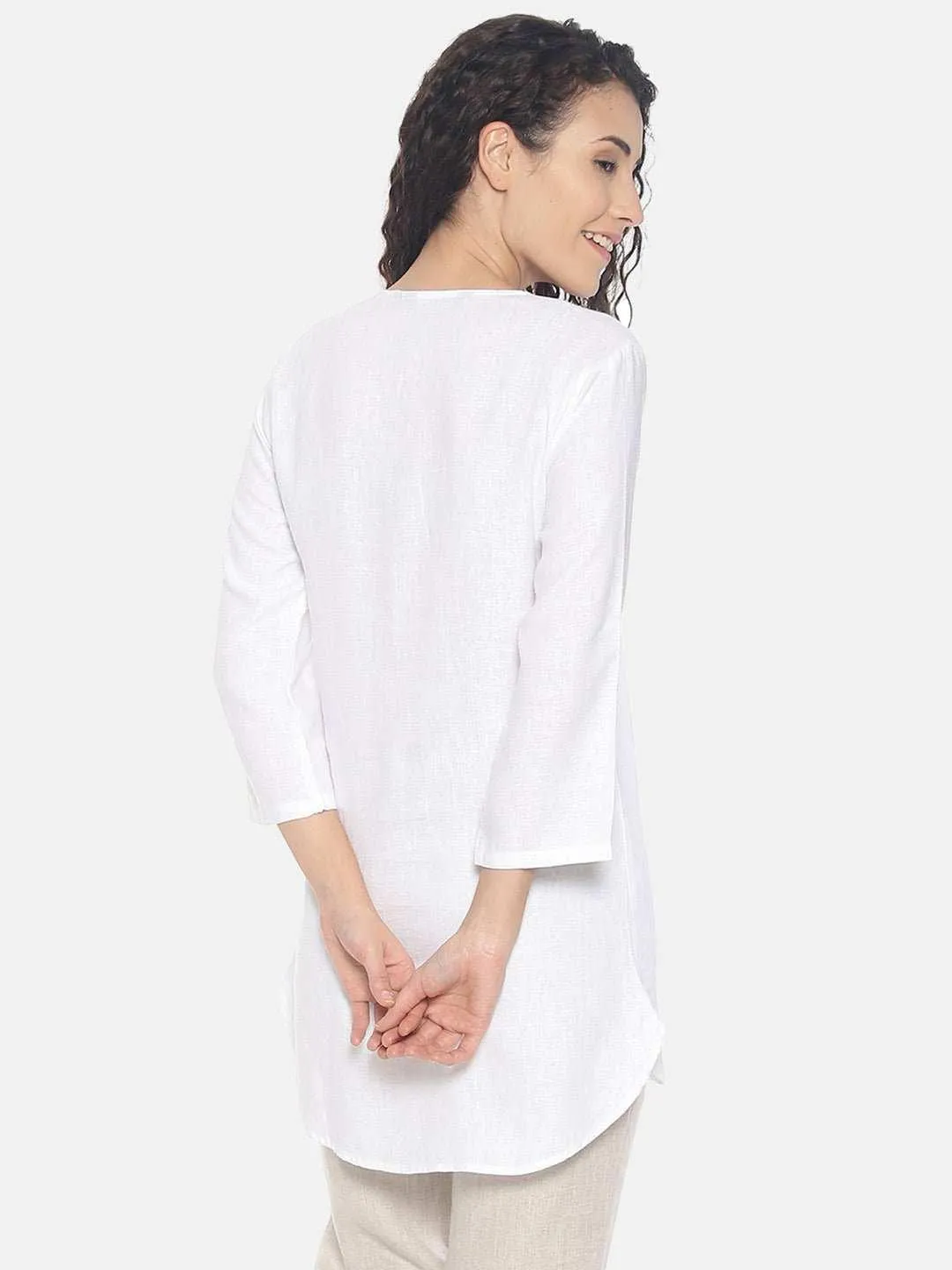 Ecentric Women's White and Beige Colour High Low Lounge Wear Set