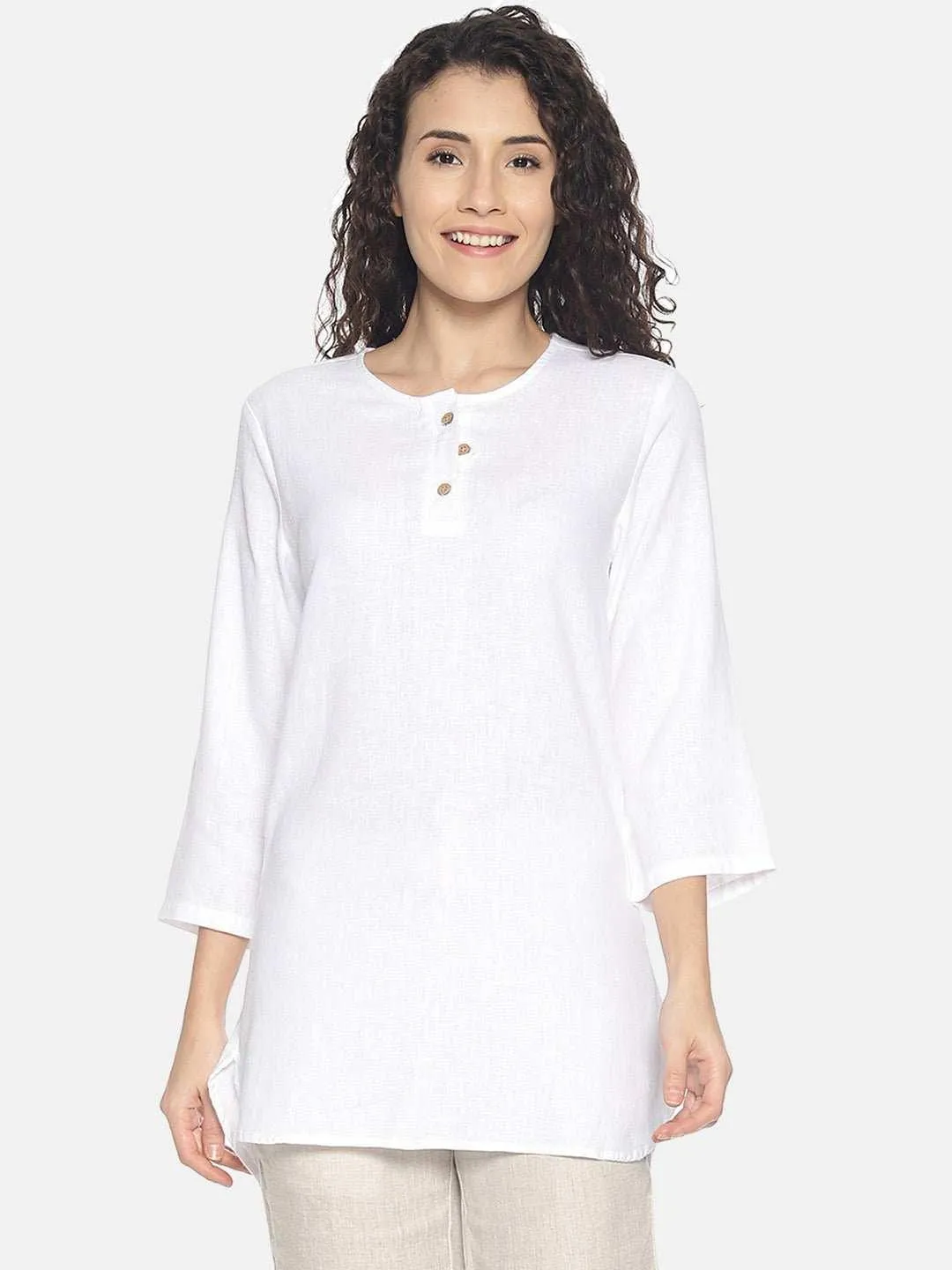 Ecentric Women's White and Beige Colour High Low Lounge Wear Set