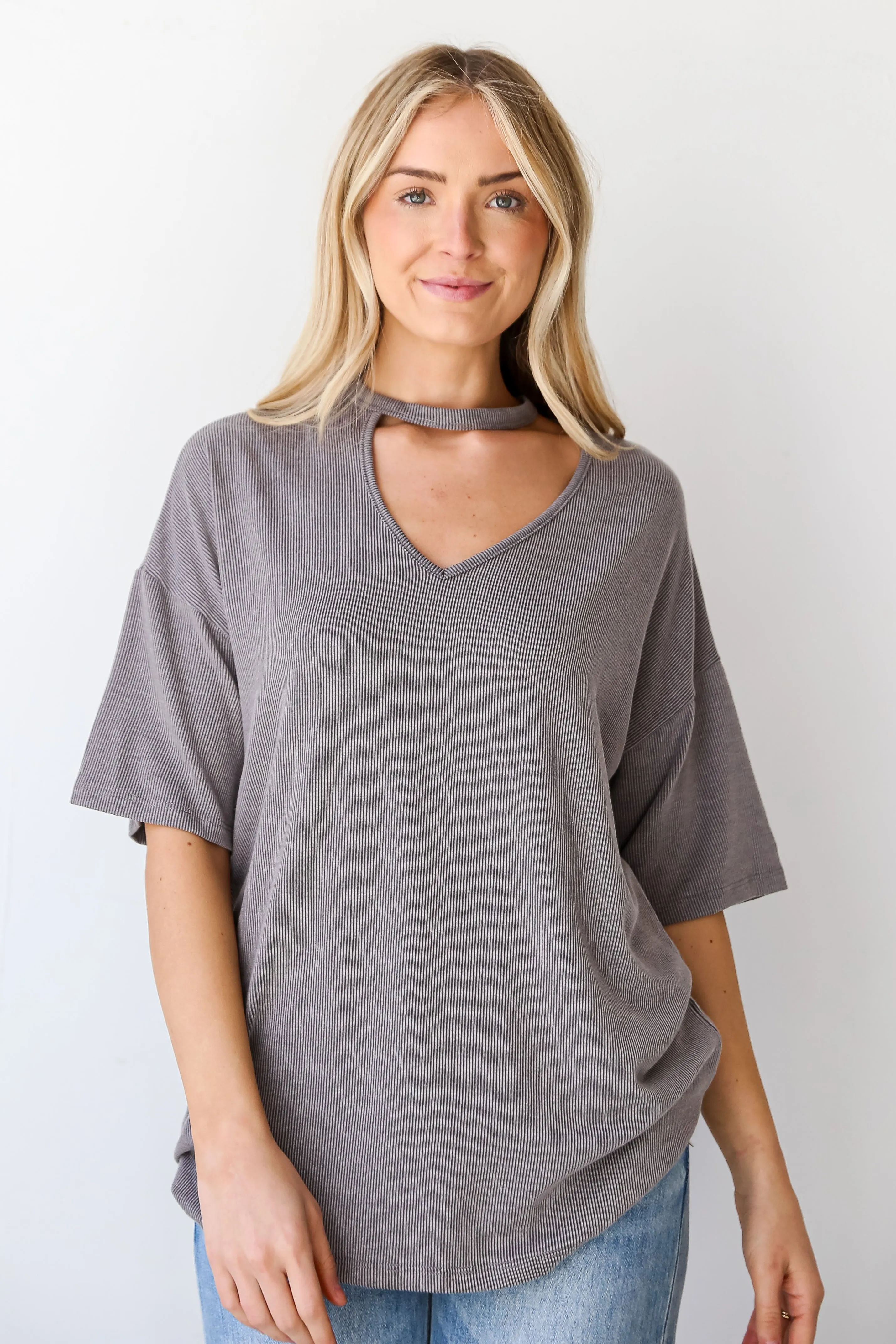 FINAL SALE - Teagan Grey Ribbed Cutout Tee - DU DEAL