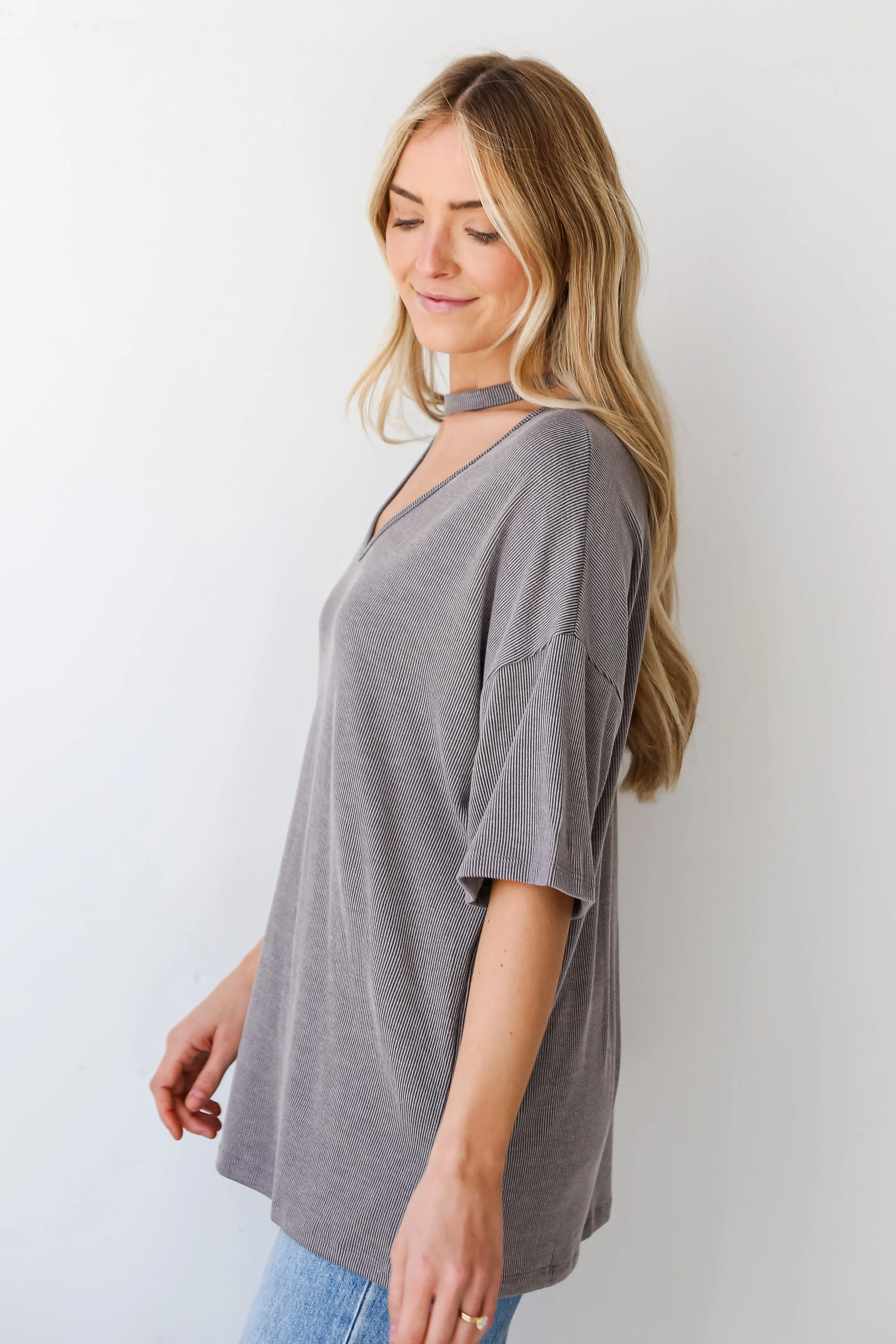 FINAL SALE - Teagan Grey Ribbed Cutout Tee - DU DEAL