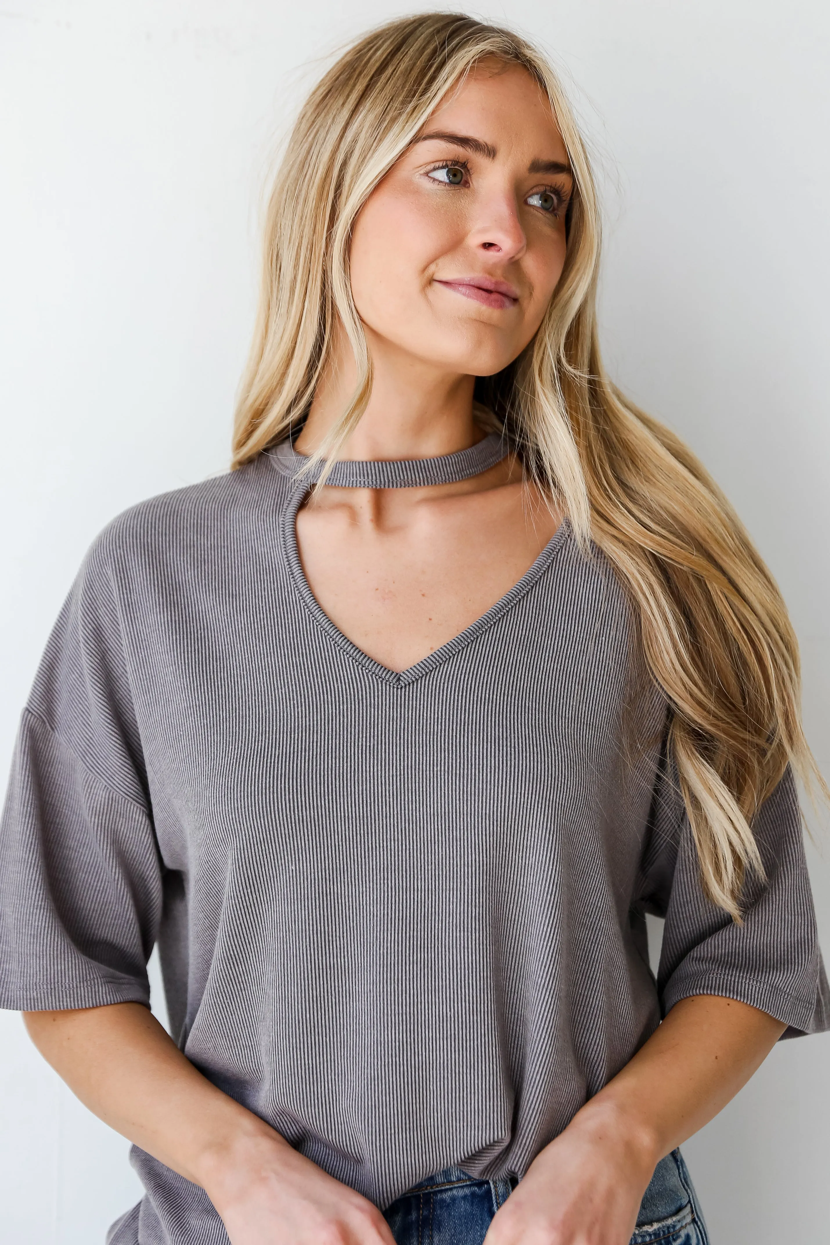 FINAL SALE - Teagan Grey Ribbed Cutout Tee - DU DEAL