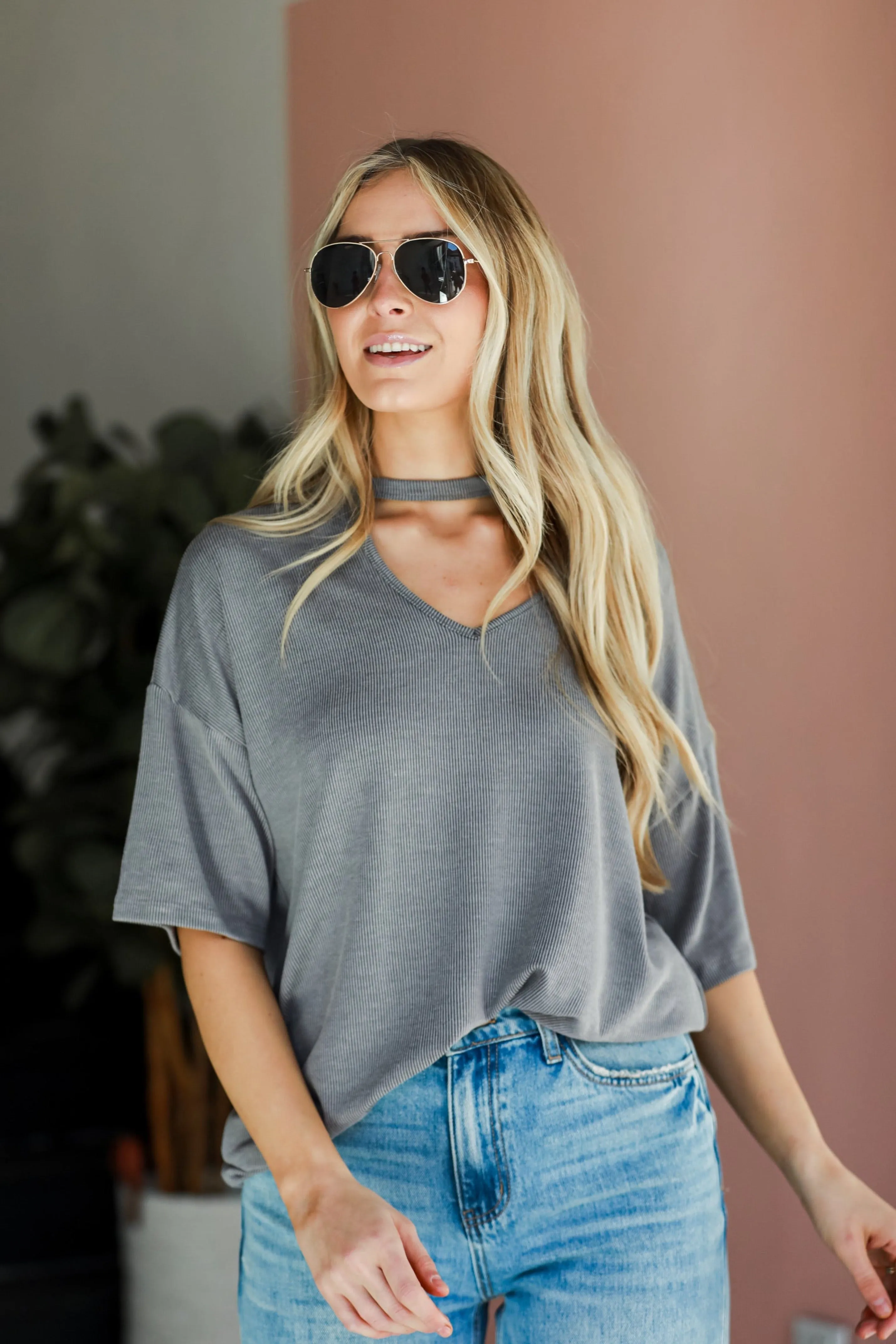 FINAL SALE - Teagan Grey Ribbed Cutout Tee - DU DEAL