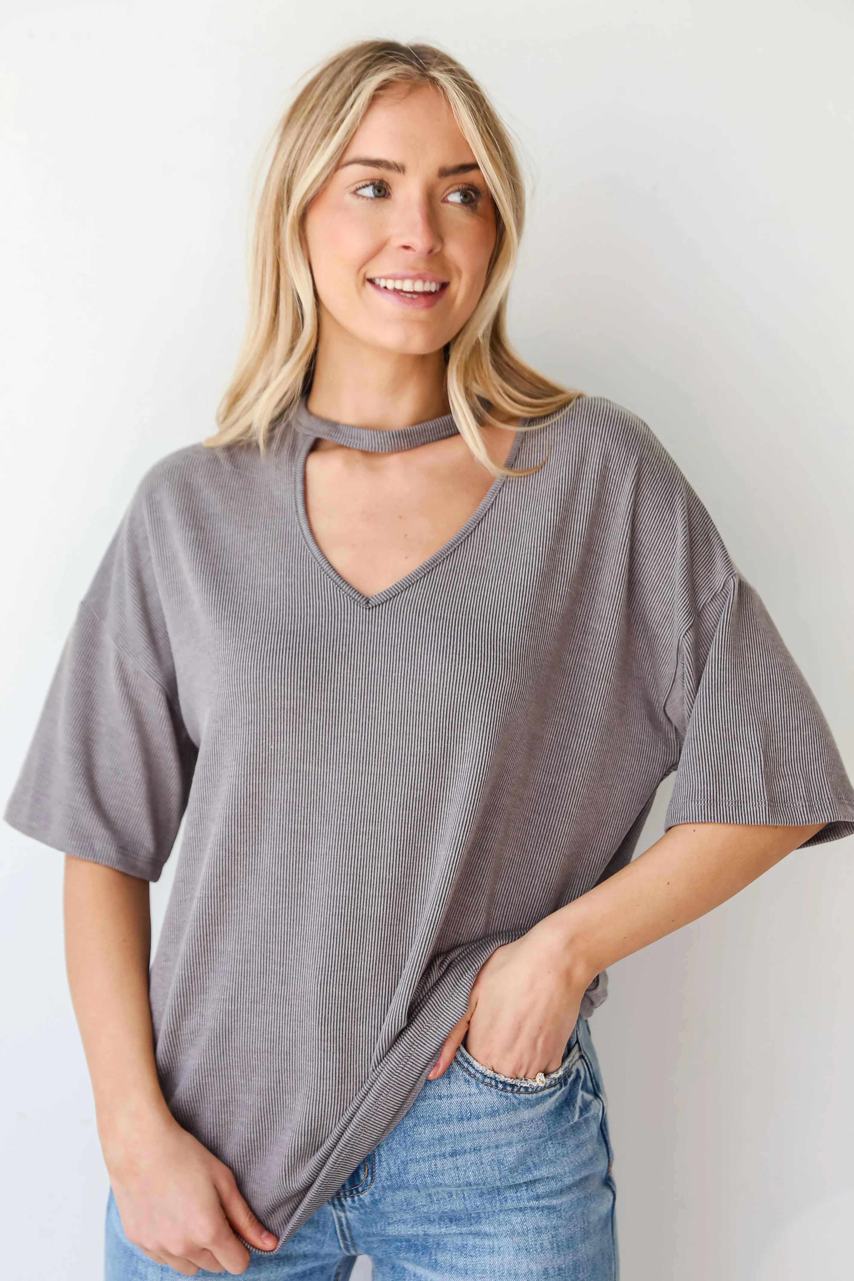 FINAL SALE - Teagan Grey Ribbed Cutout Tee - DU DEAL
