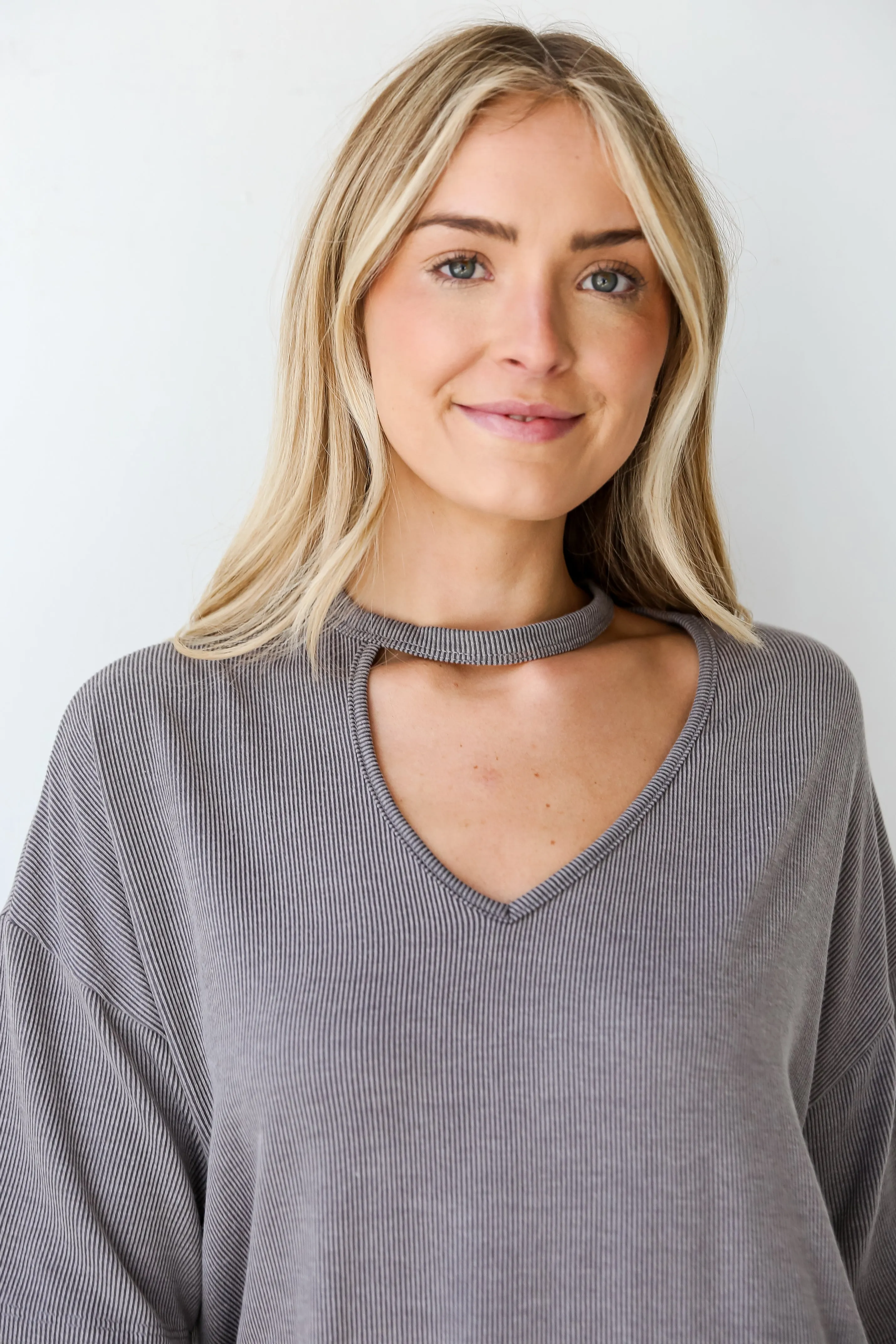 FINAL SALE - Teagan Grey Ribbed Cutout Tee - DU DEAL