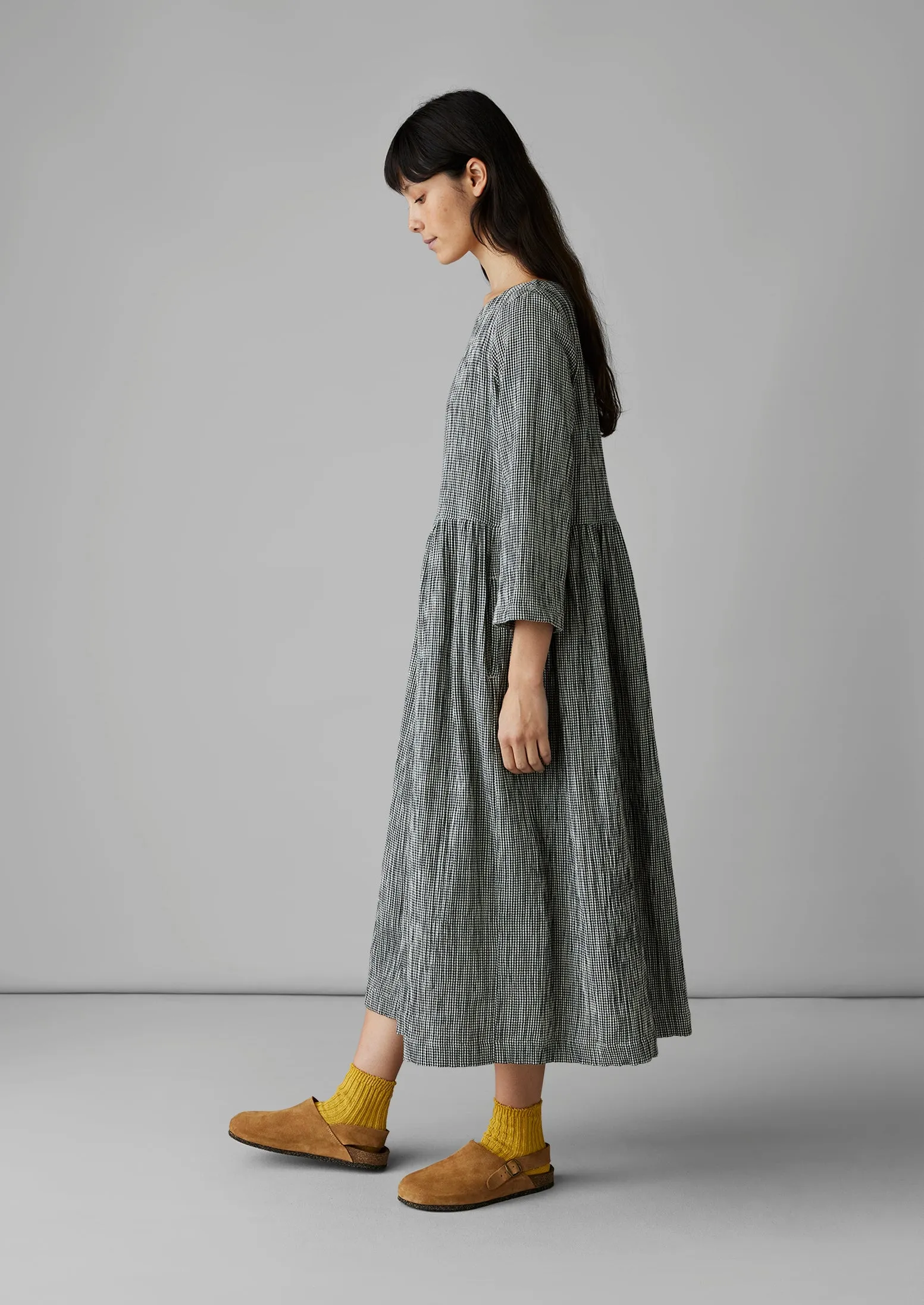 Freya Gingham Crinkle Cotton Dress | Black/Ecru