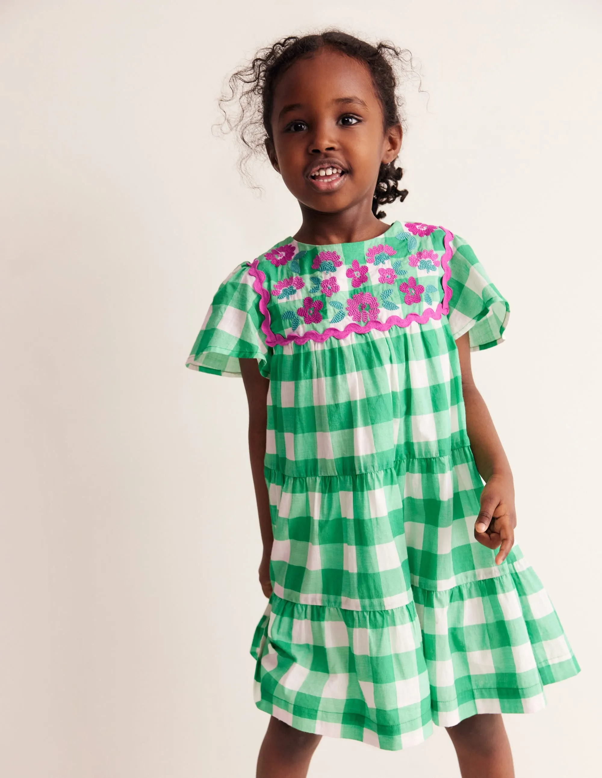 Gingham embroidered dress-Pea Green/ Ivory Gingham