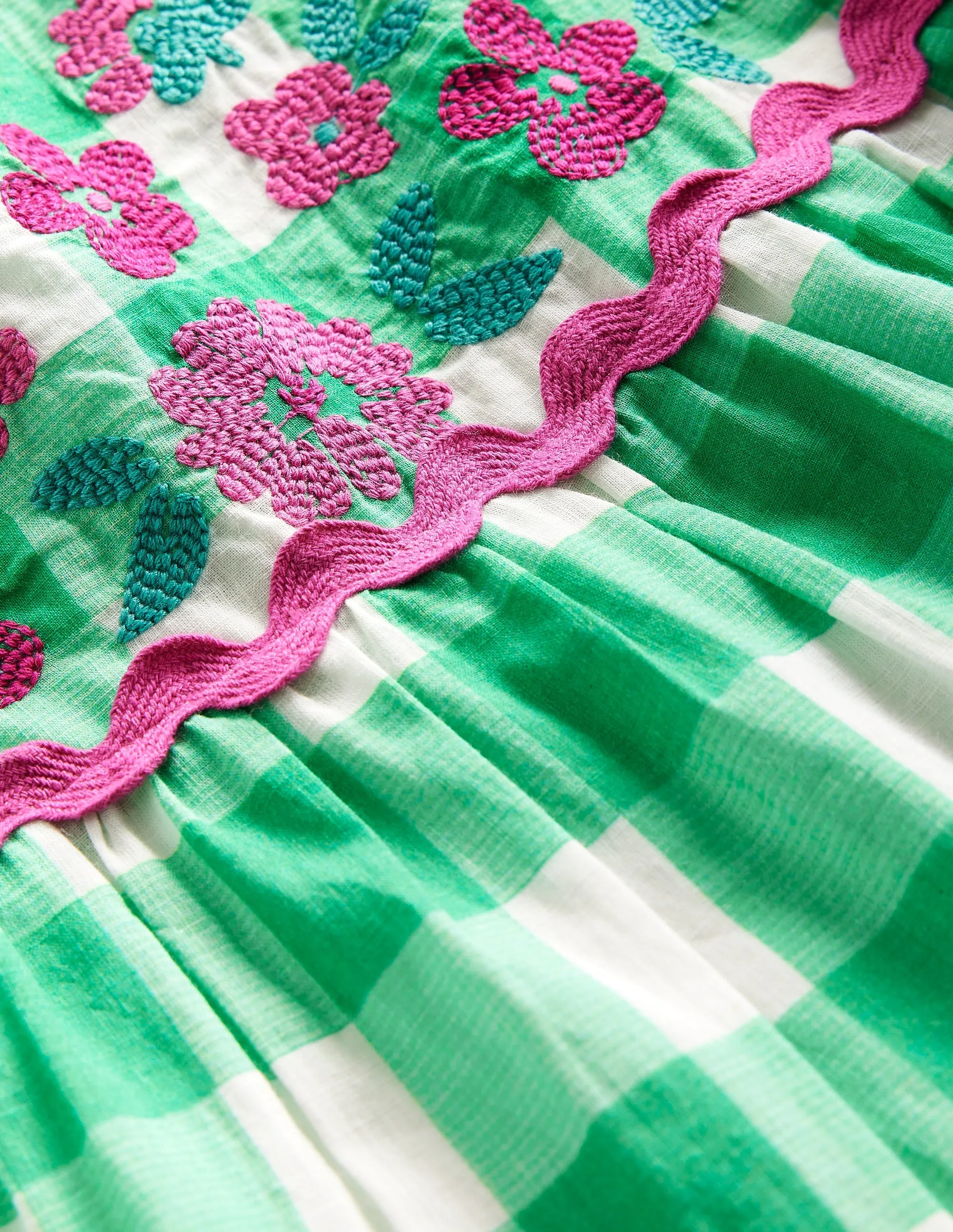 Gingham embroidered dress-Pea Green/ Ivory Gingham