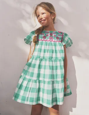 Gingham embroidered dress-Pea Green/ Ivory Gingham