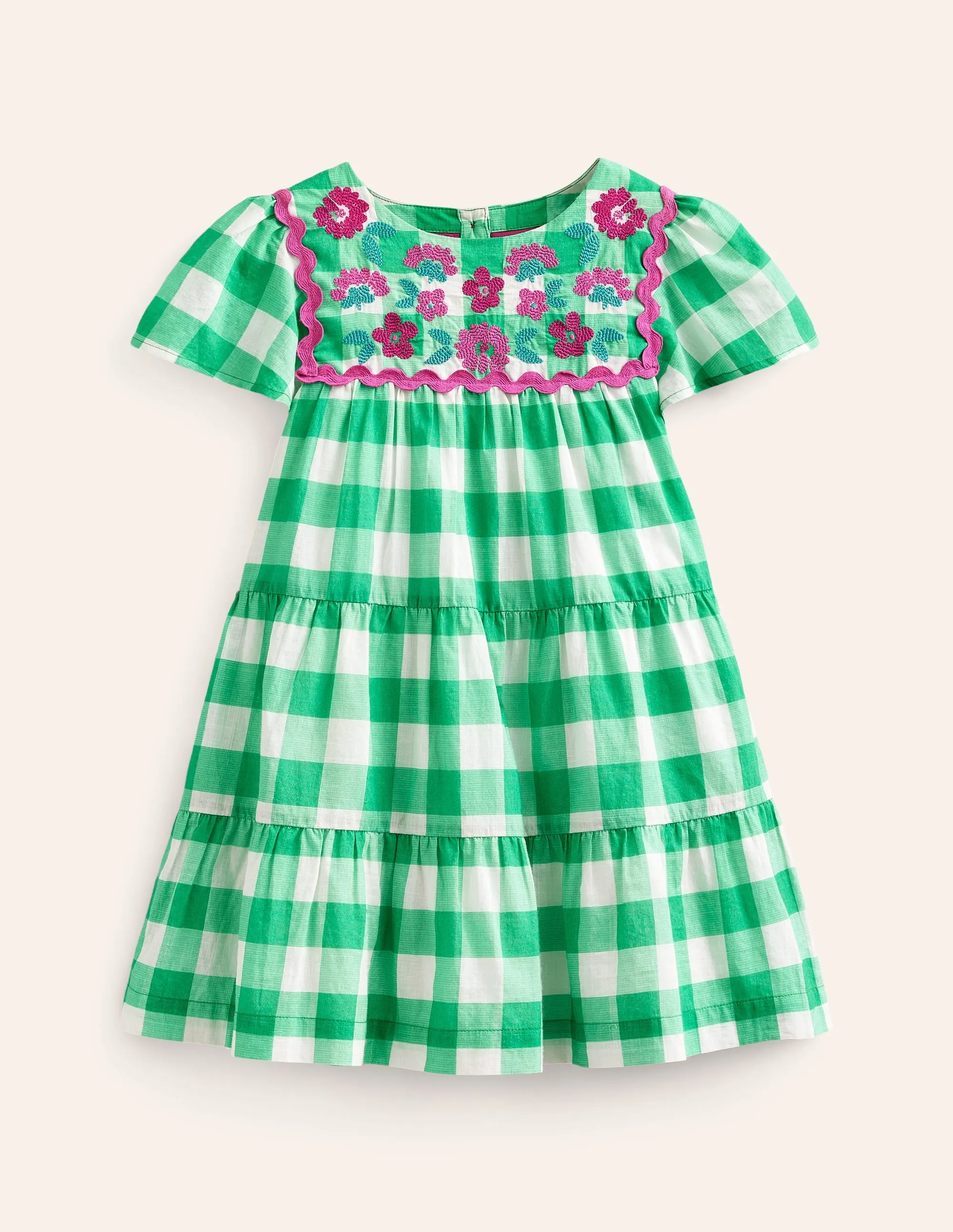 Gingham embroidered dress-Pea Green/ Ivory Gingham