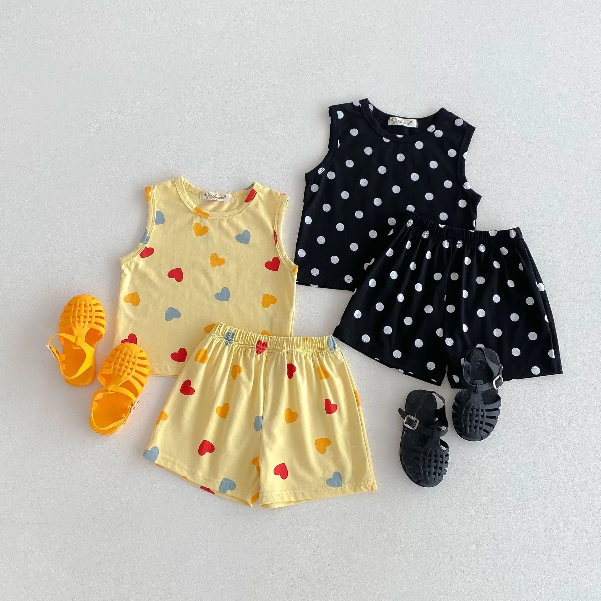 Heart & Polka Dot Print Tank Top Summer Set