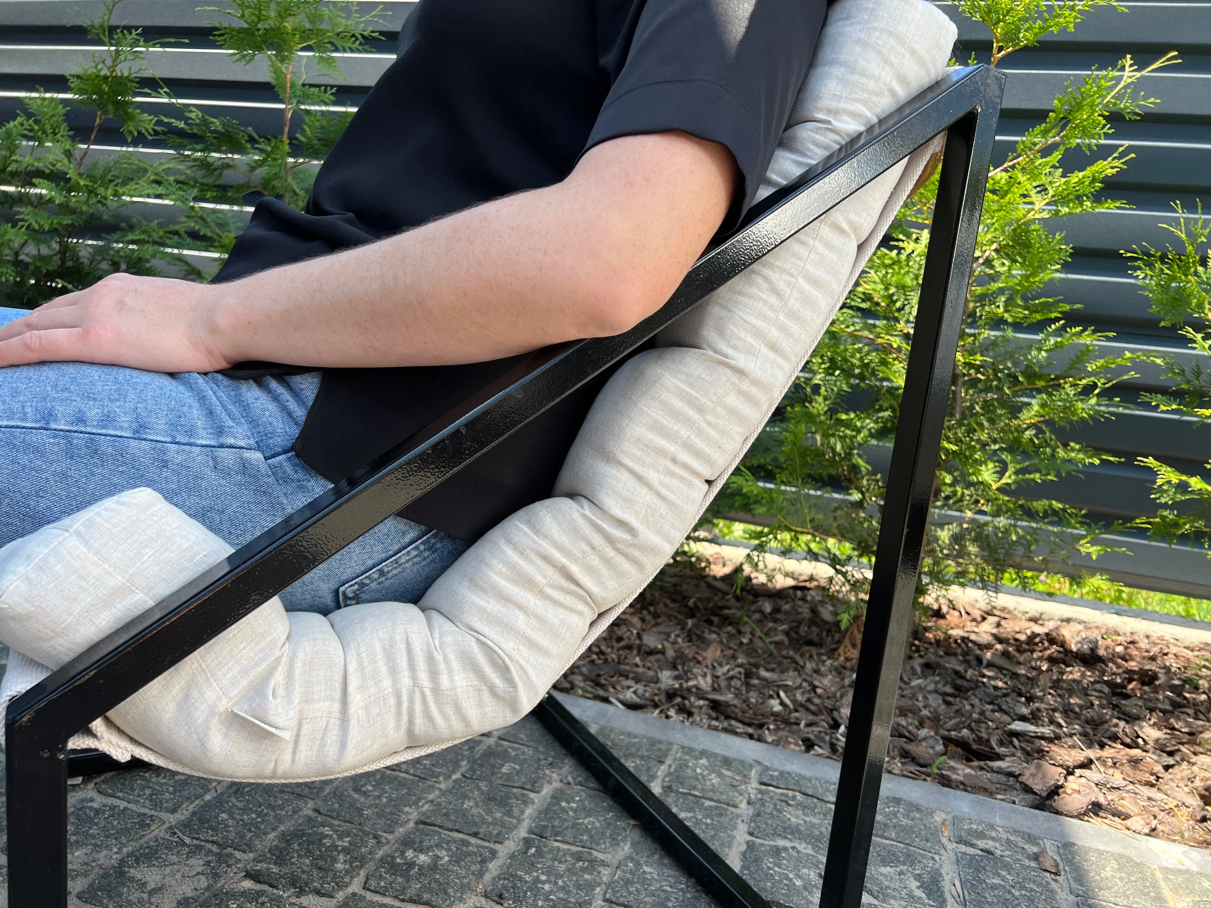 Hemp Chair Cushion with Metal Armchair Lounge Sling Chair Thick Linen Fabric Modern Minimalist Scandinavian Hand Made to order