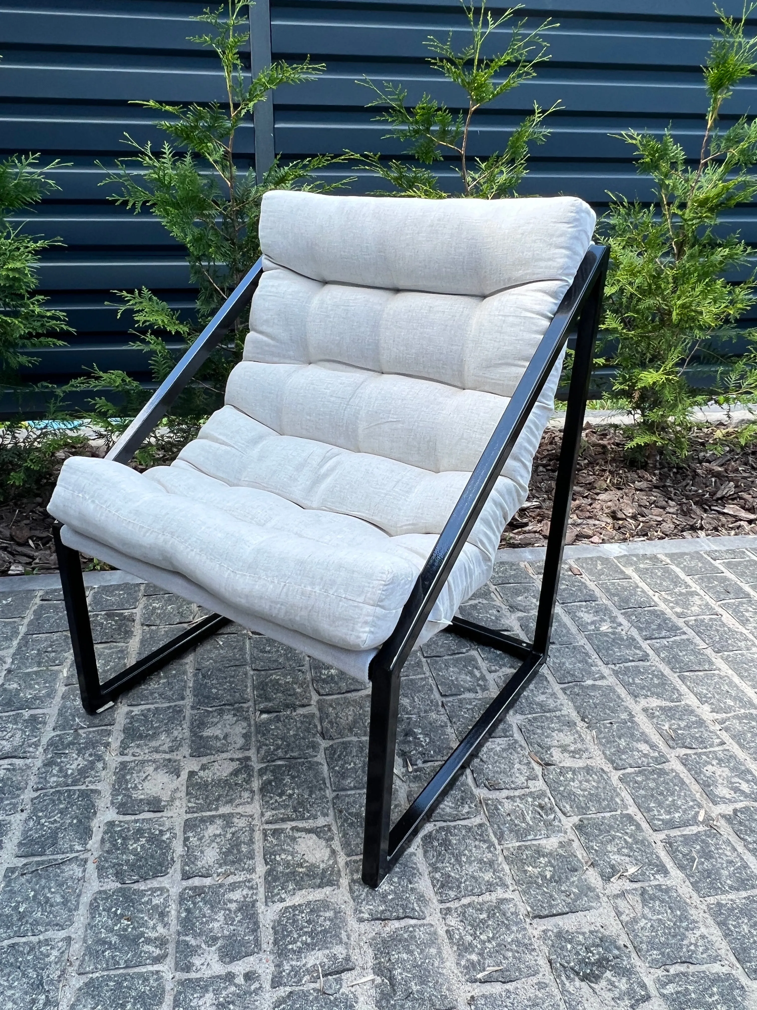 Hemp Chair Cushion with Metal Armchair Lounge Sling Chair Thick Linen Fabric Modern Minimalist Scandinavian Hand Made to order