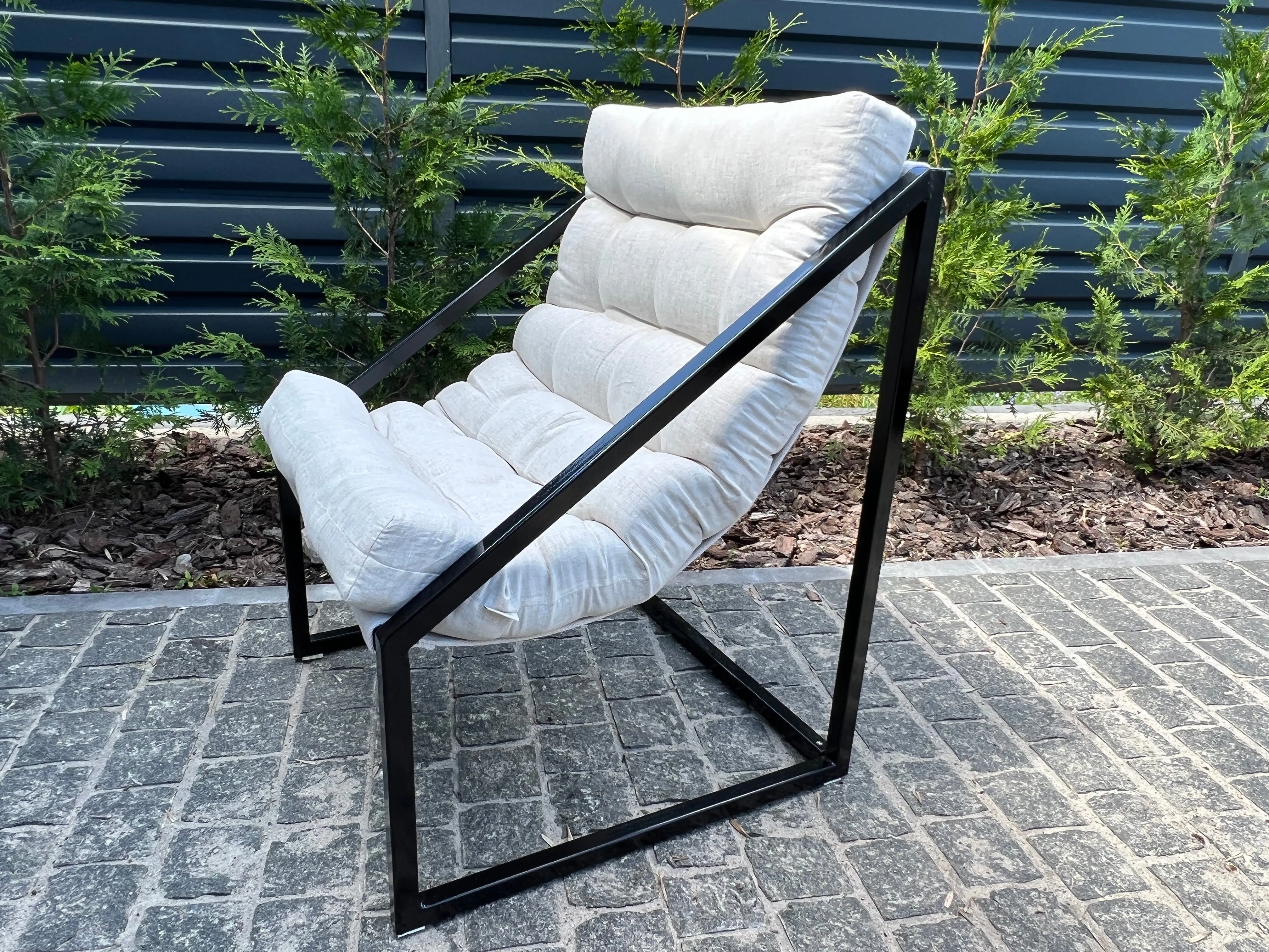 Hemp Chair Cushion with Metal Armchair Lounge Sling Chair Thick Linen Fabric Modern Minimalist Scandinavian Hand Made to order