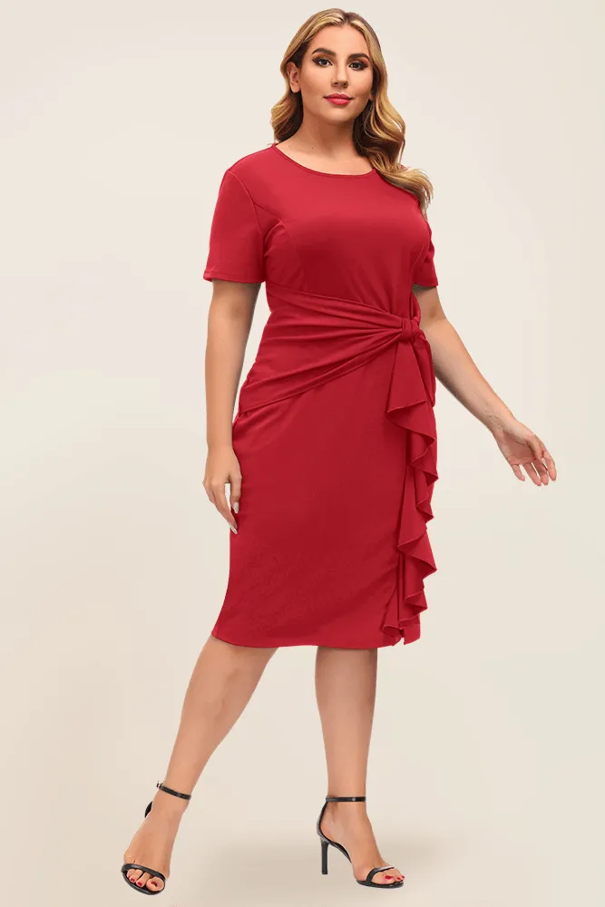 HN Women Plus Size Ruffle Decorated Bodycon Dress Short Sleeve Crew Neck