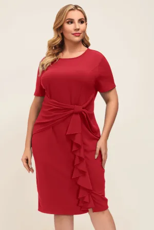 HN Women Plus Size Ruffle Decorated Bodycon Dress Short Sleeve Crew Neck