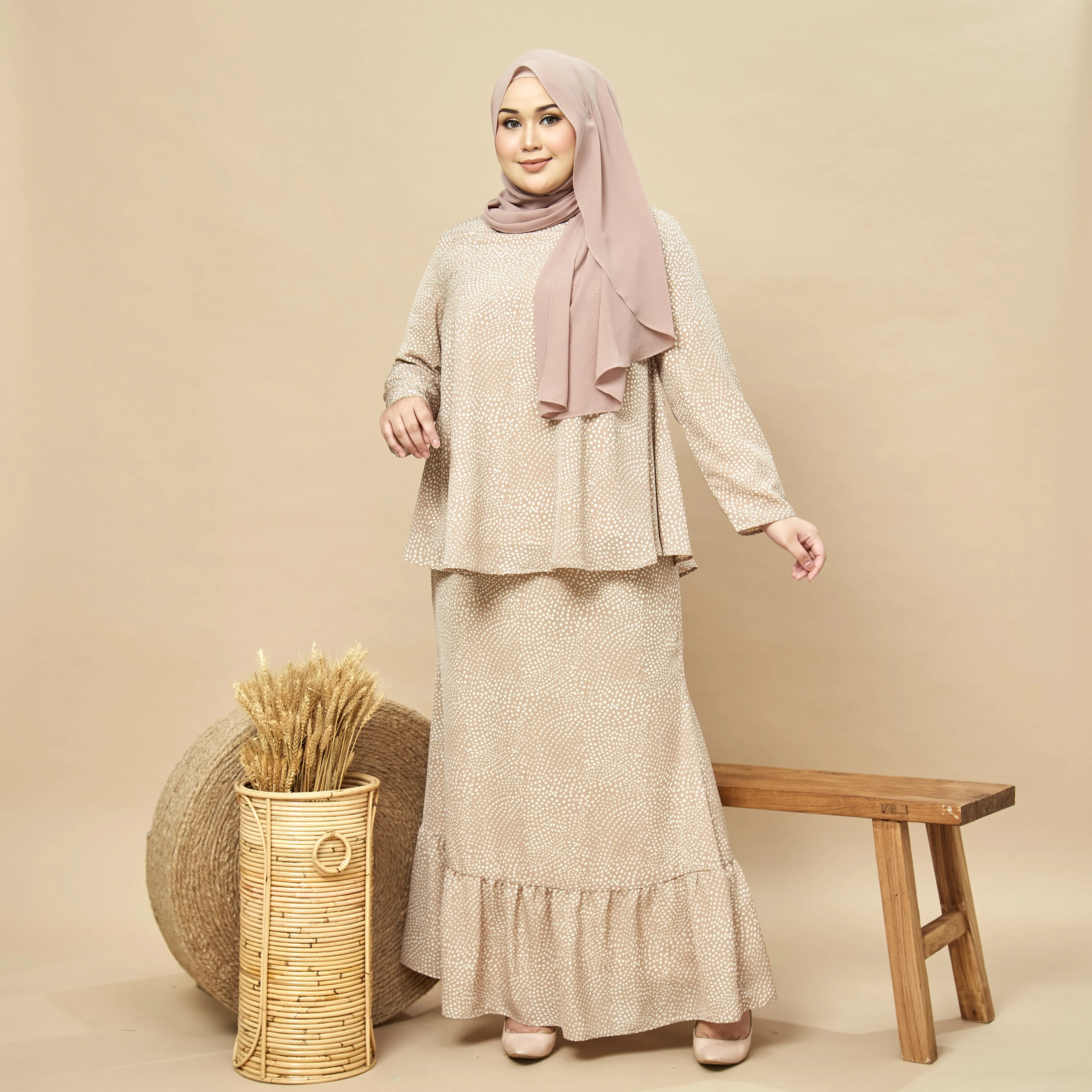 Jawhara Flare Kurung Set  Polka Dot Nude