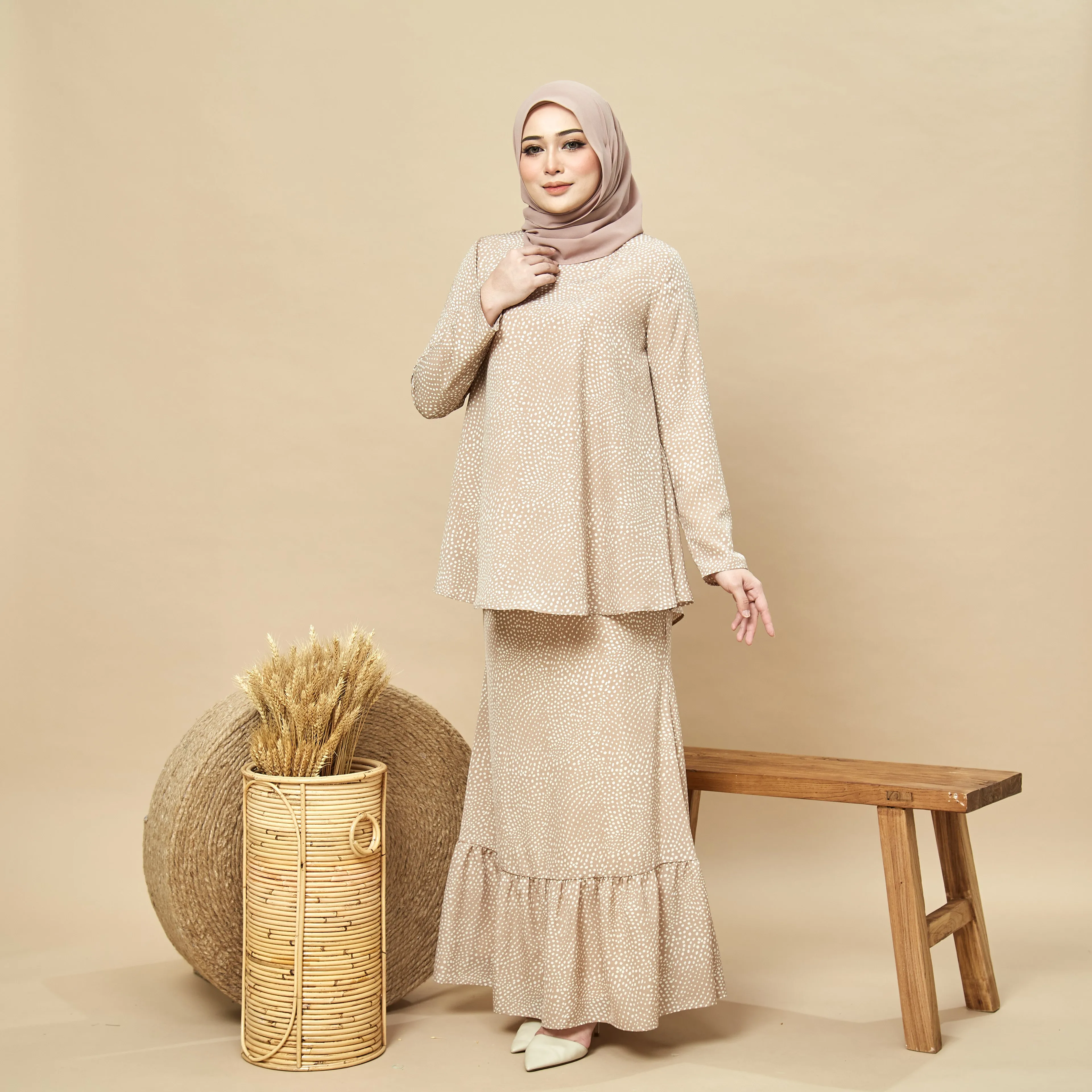 Jawhara Flare Kurung Set  Polka Dot Nude