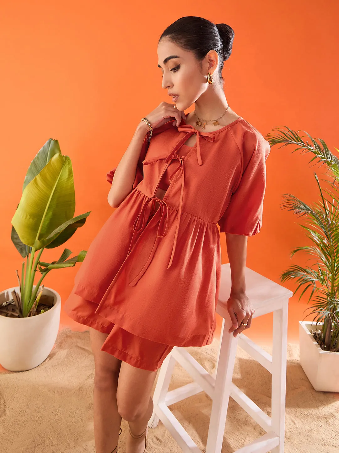 Linen Three Piece Shorts, Shirt  and Crop Top Set
