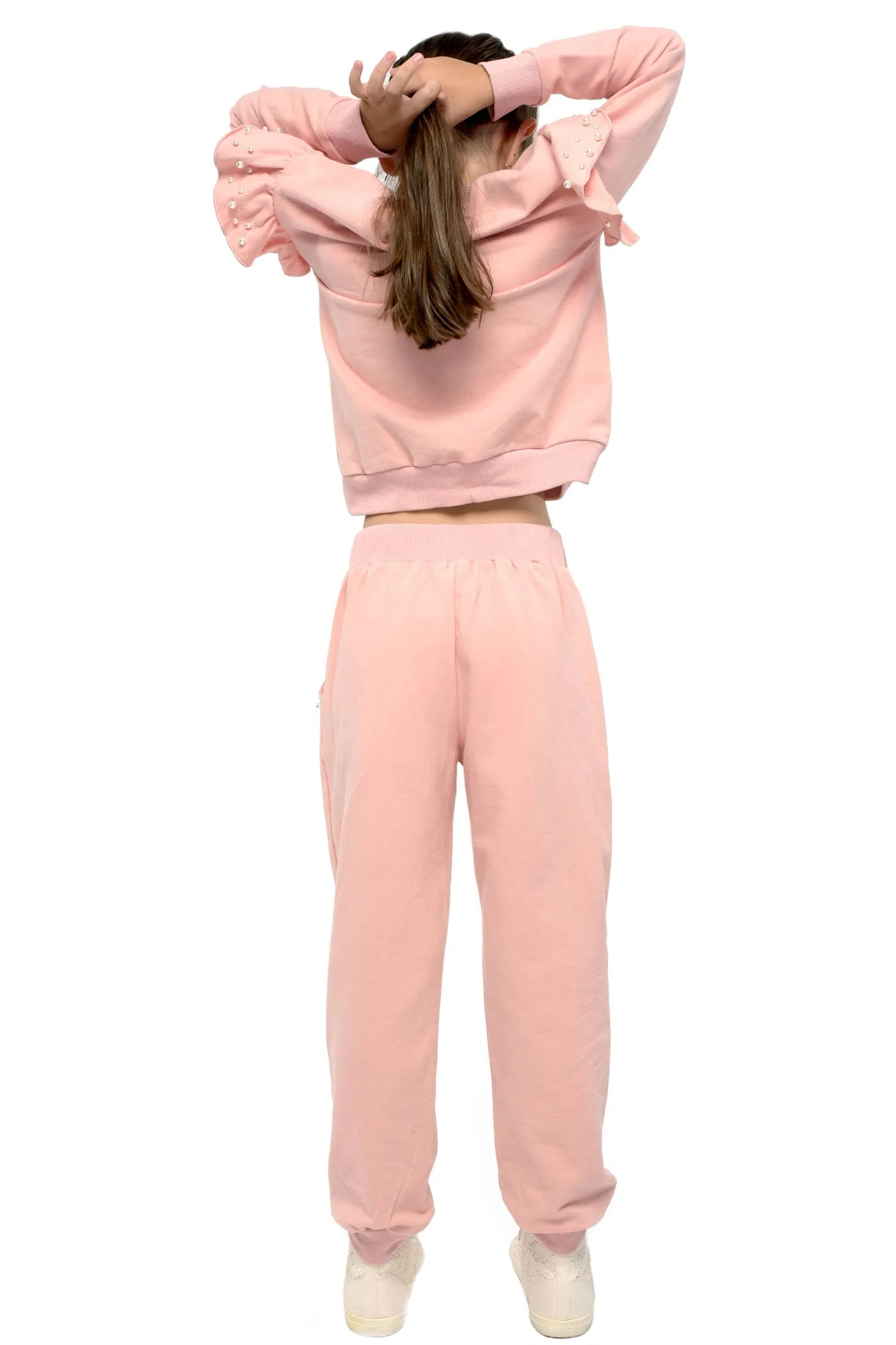 Little Girl's Athleisure Pearl & Ruffled Shoulder Crewneck Sweatshirt