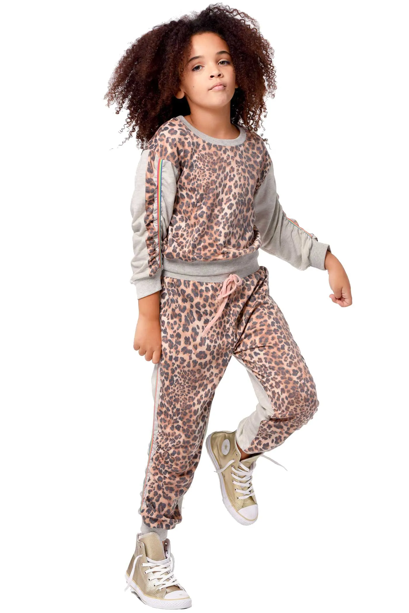 Little Girl's Leopard Rainbow Side Stripe Runched Joggers