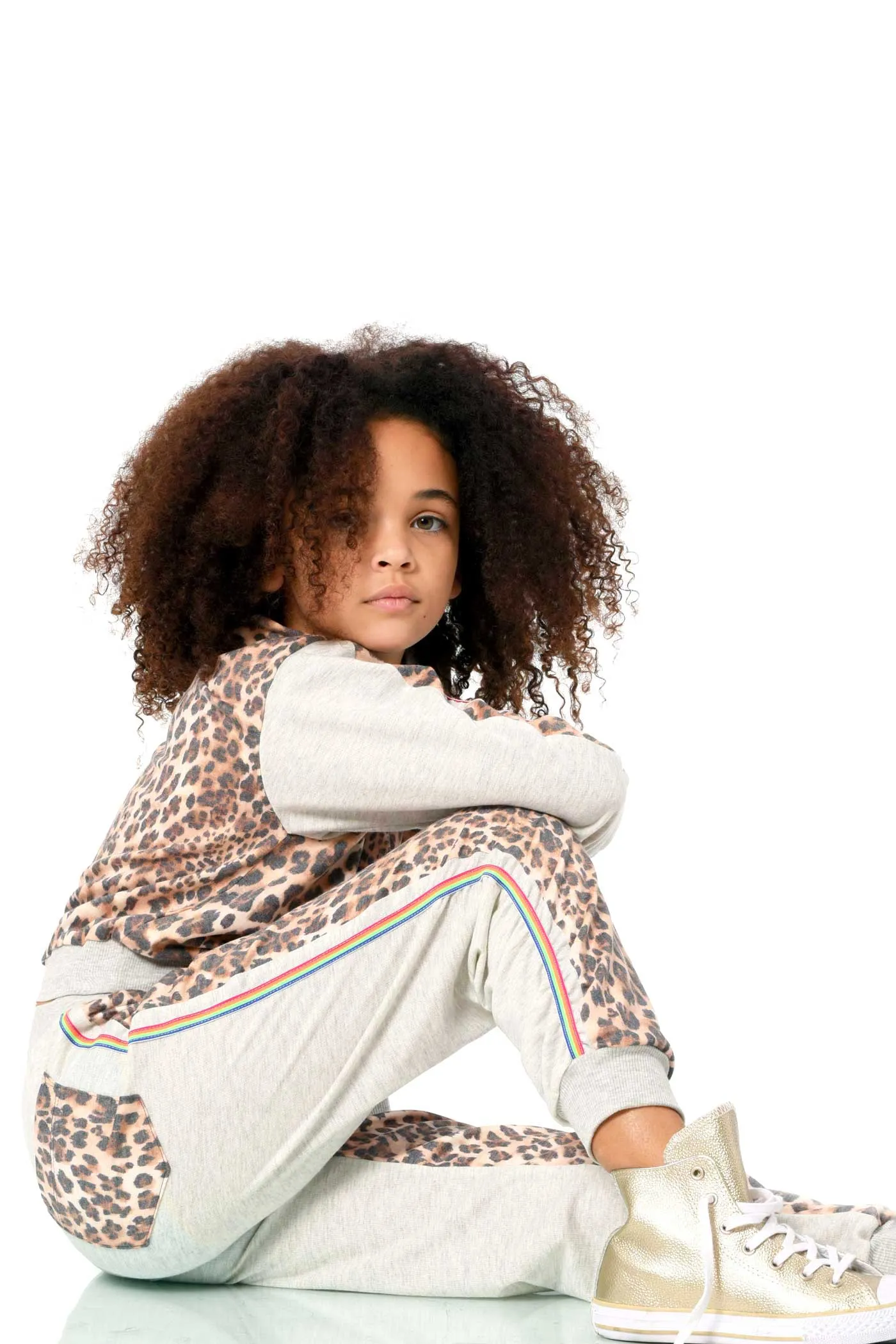 Little Girl's Leopard Rainbow Side Stripe Runched Joggers