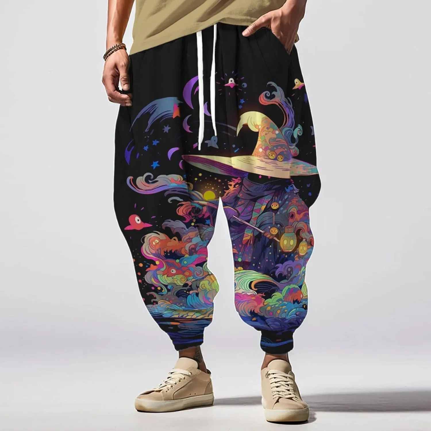 Mens Joggers Fun Print Fashion Street Feel Casual Sweatpants Mens Drawstring Hippie Aladdil Harem Pants Pants Men