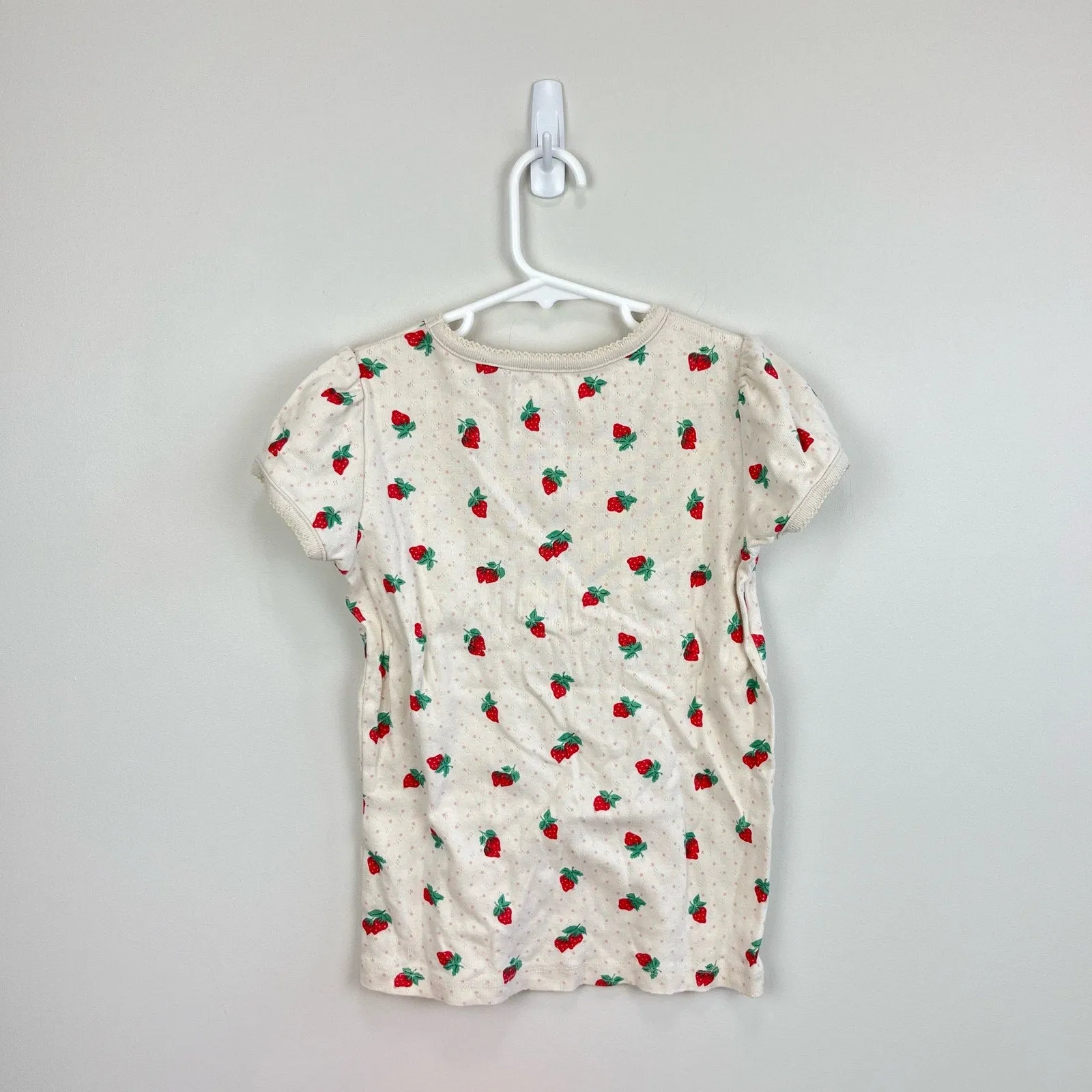 Mini Boden Short Sleeved Pointelle Top Ivory Strawberries 8-9