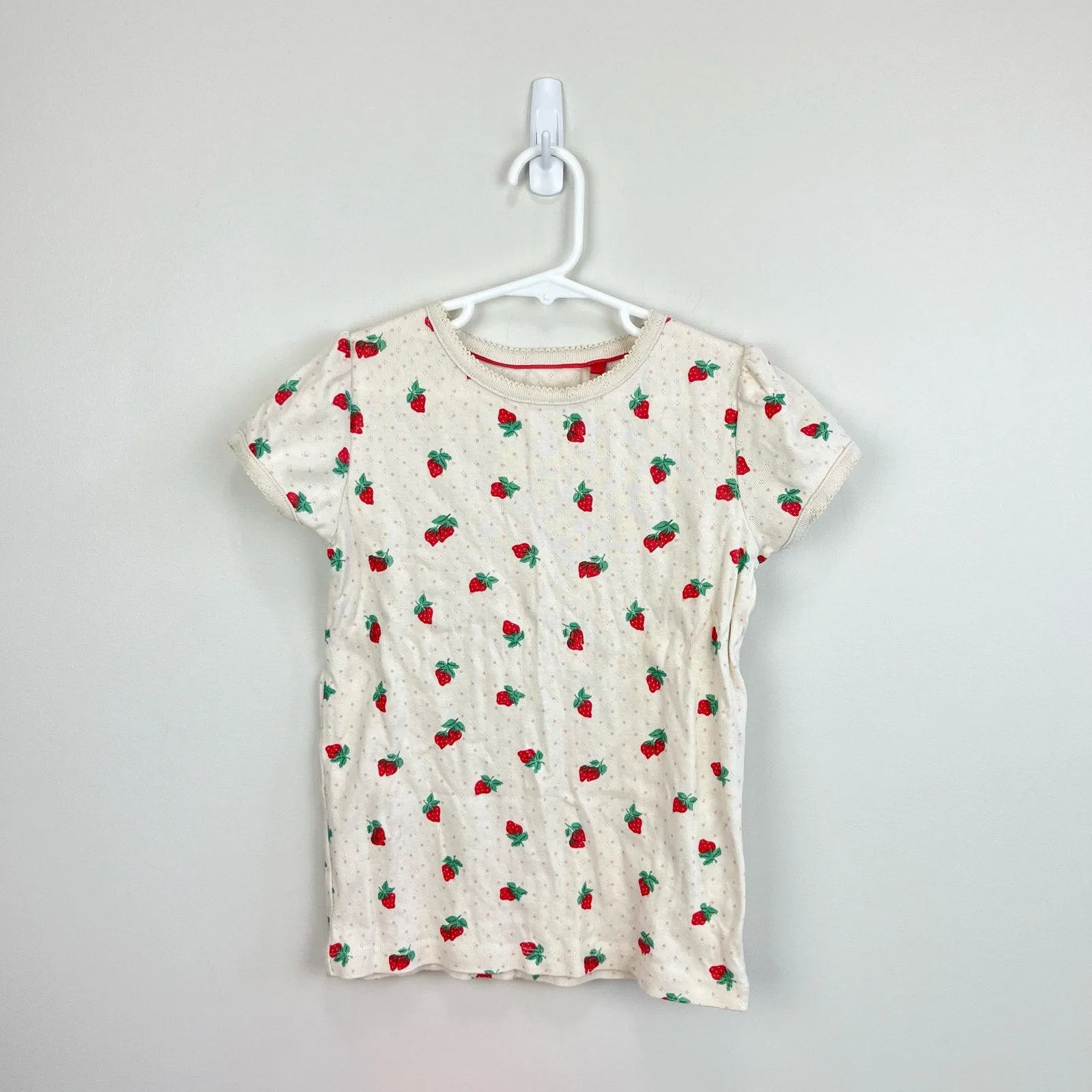 Mini Boden Short Sleeved Pointelle Top Ivory Strawberries 8-9