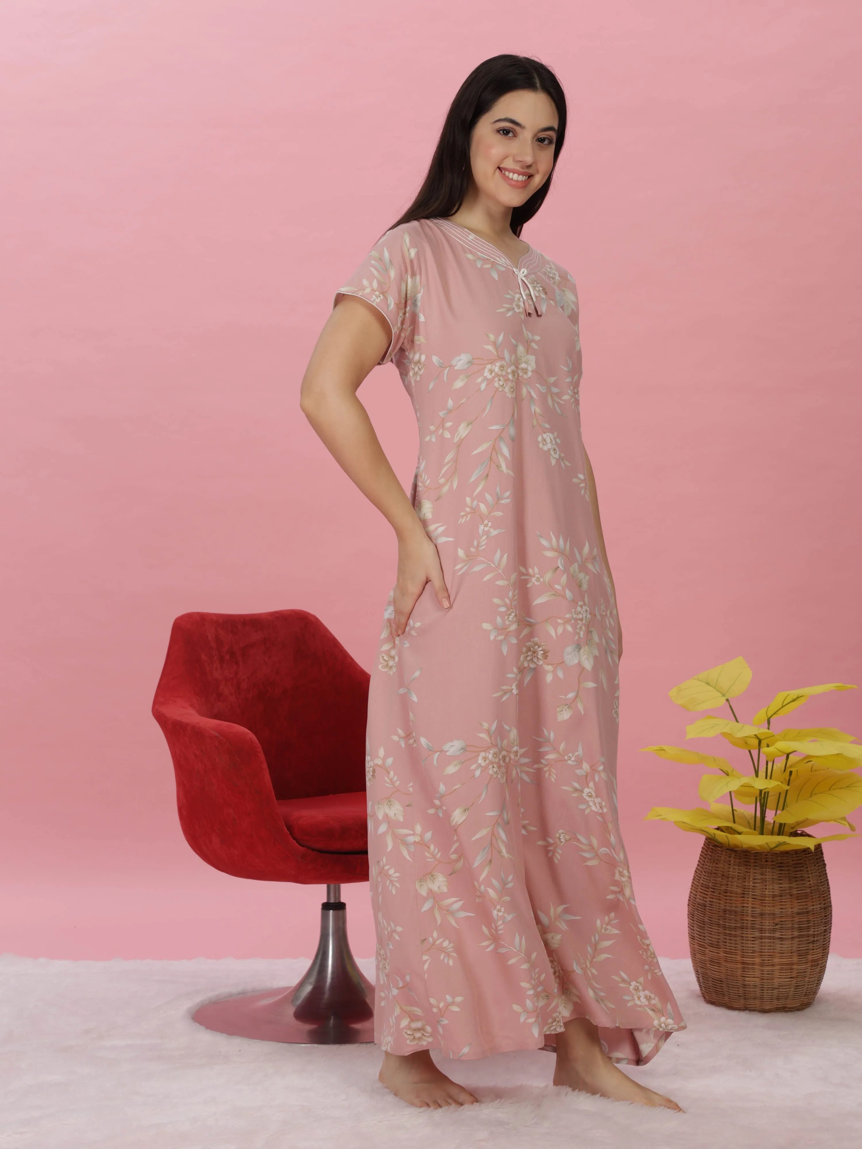 Pastel Peach Rayon Maxi Nightdress with Floral Print