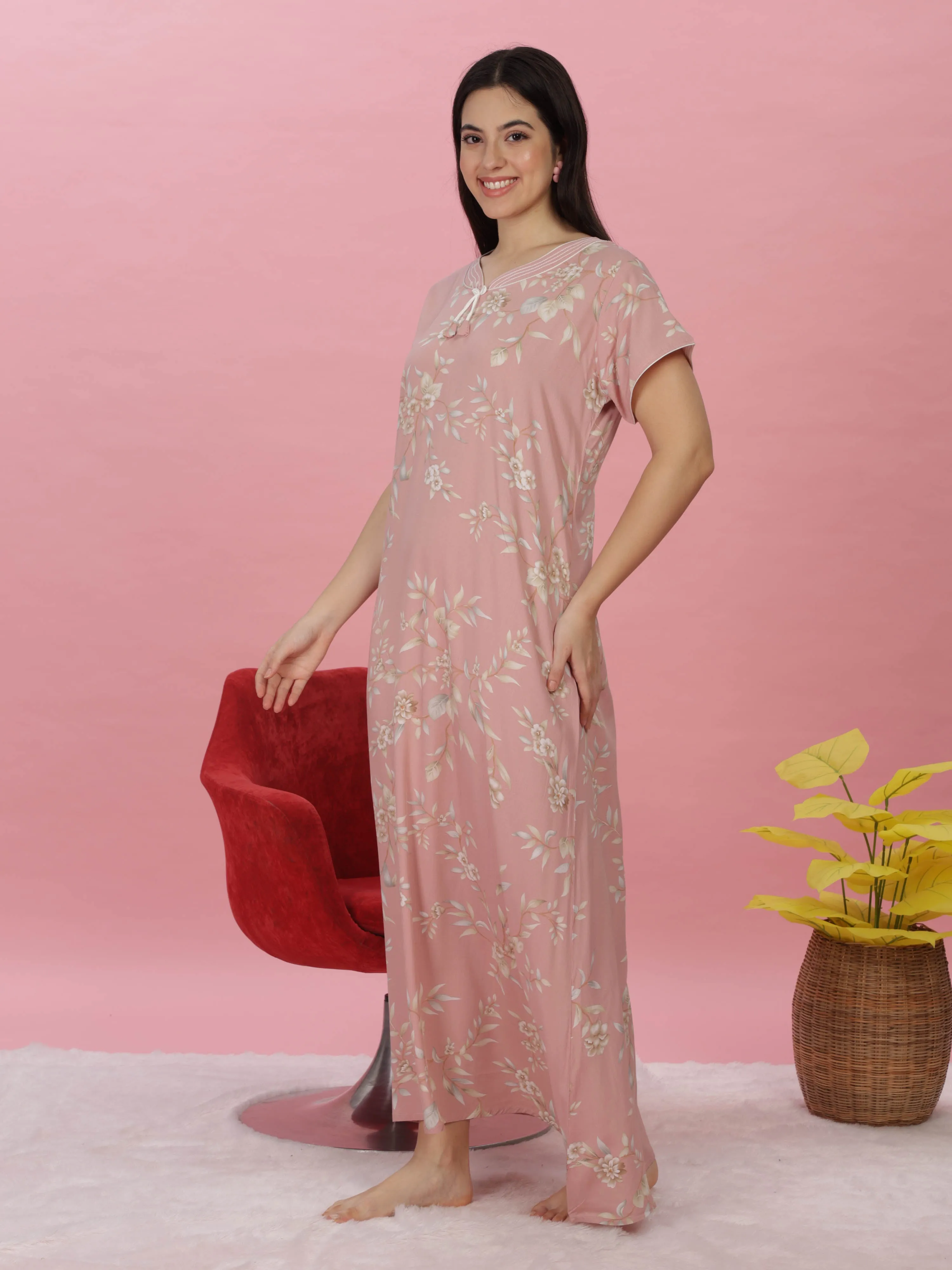 Pastel Peach Rayon Maxi Nightdress with Floral Print