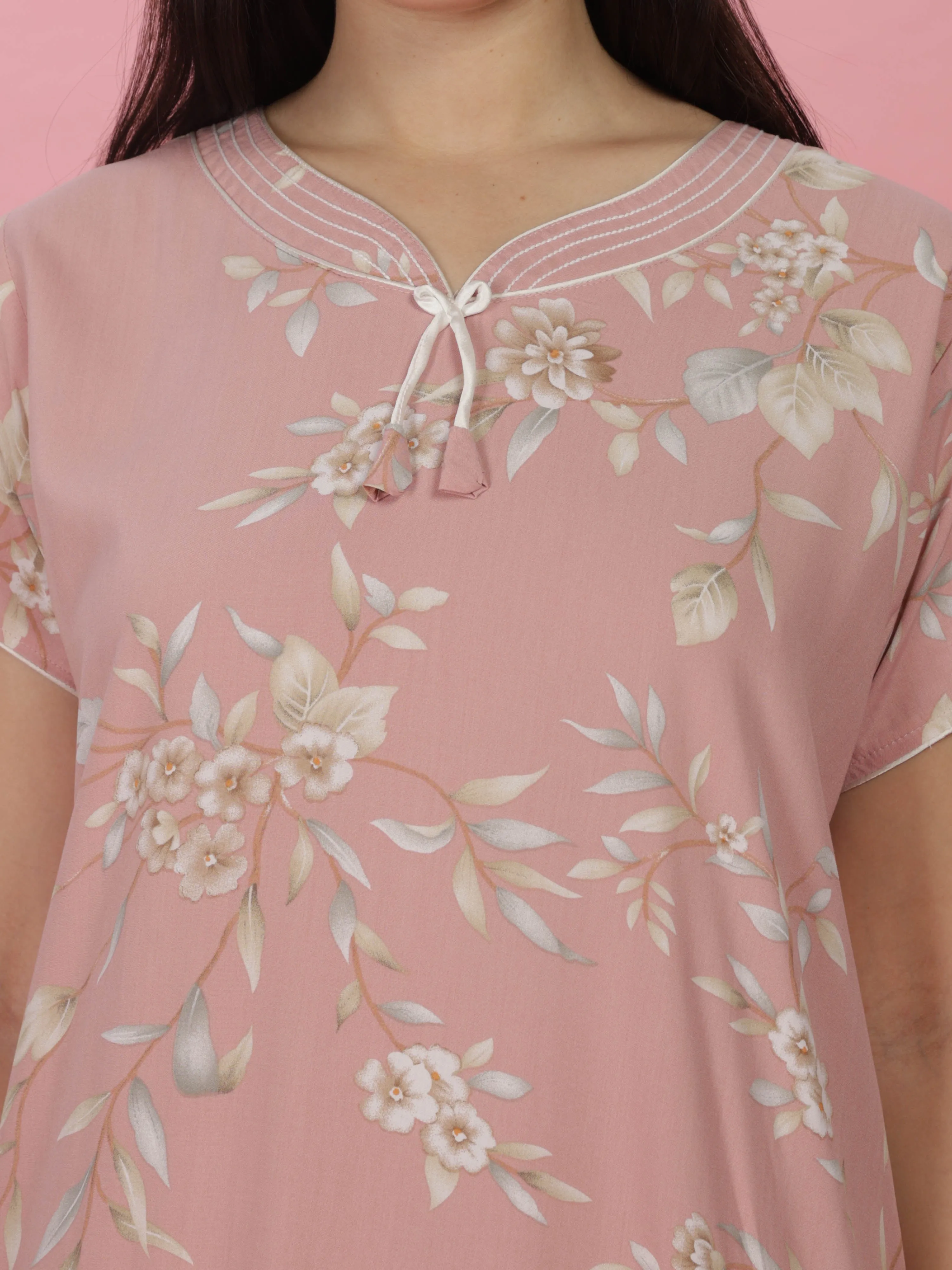 Pastel Peach Rayon Maxi Nightdress with Floral Print