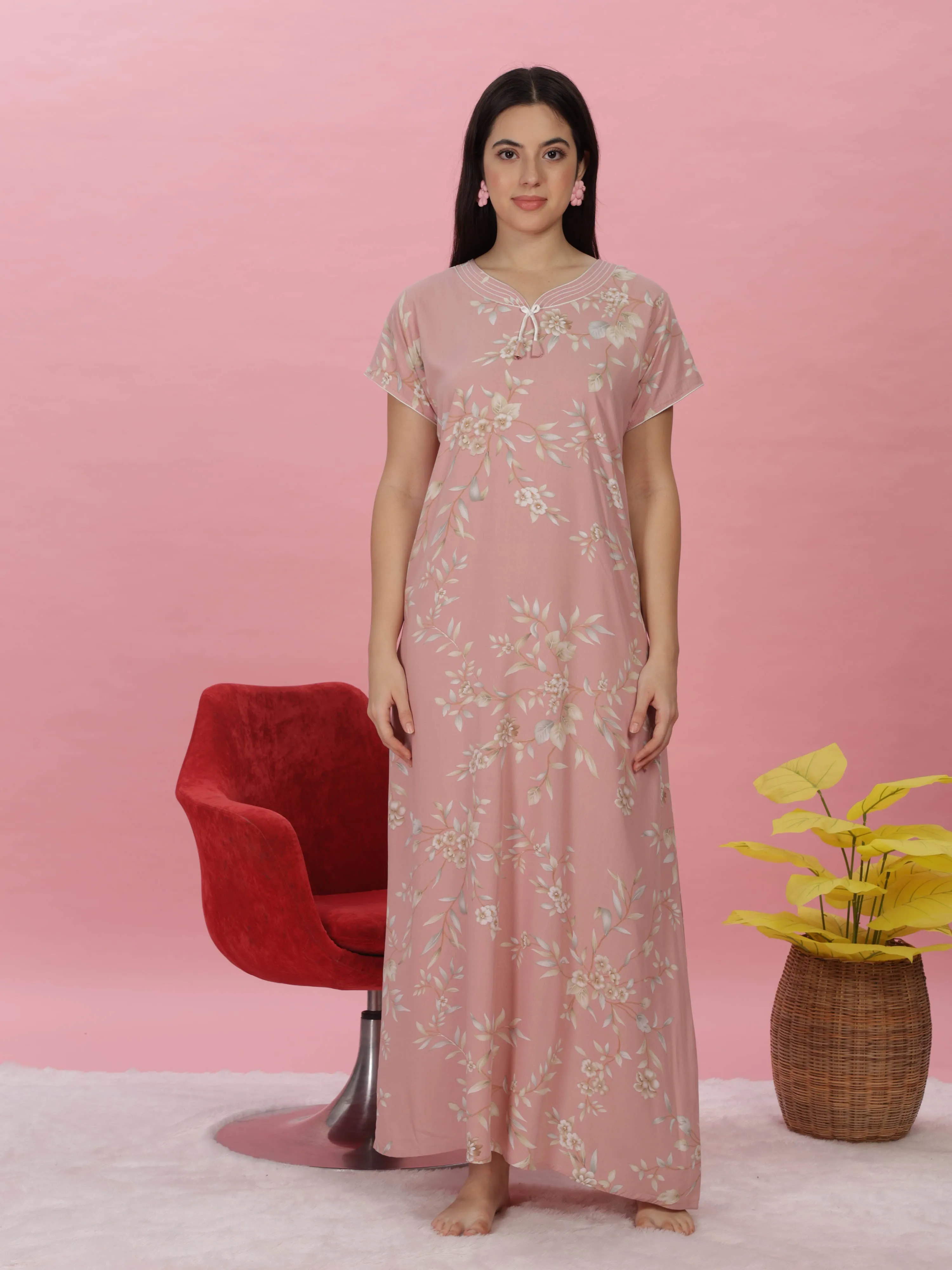 Pastel Peach Rayon Maxi Nightdress with Floral Print