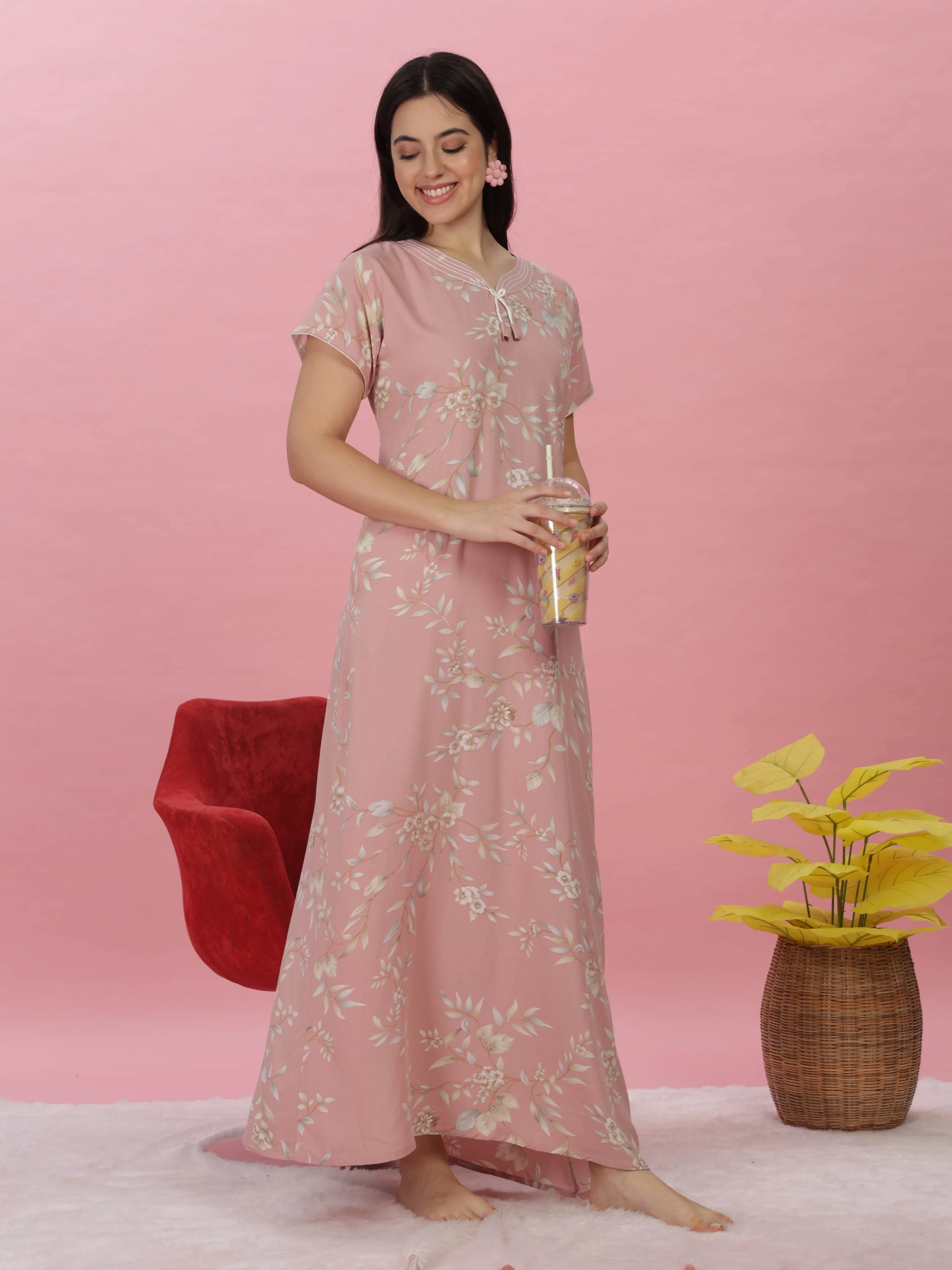 Pastel Peach Rayon Maxi Nightdress with Floral Print