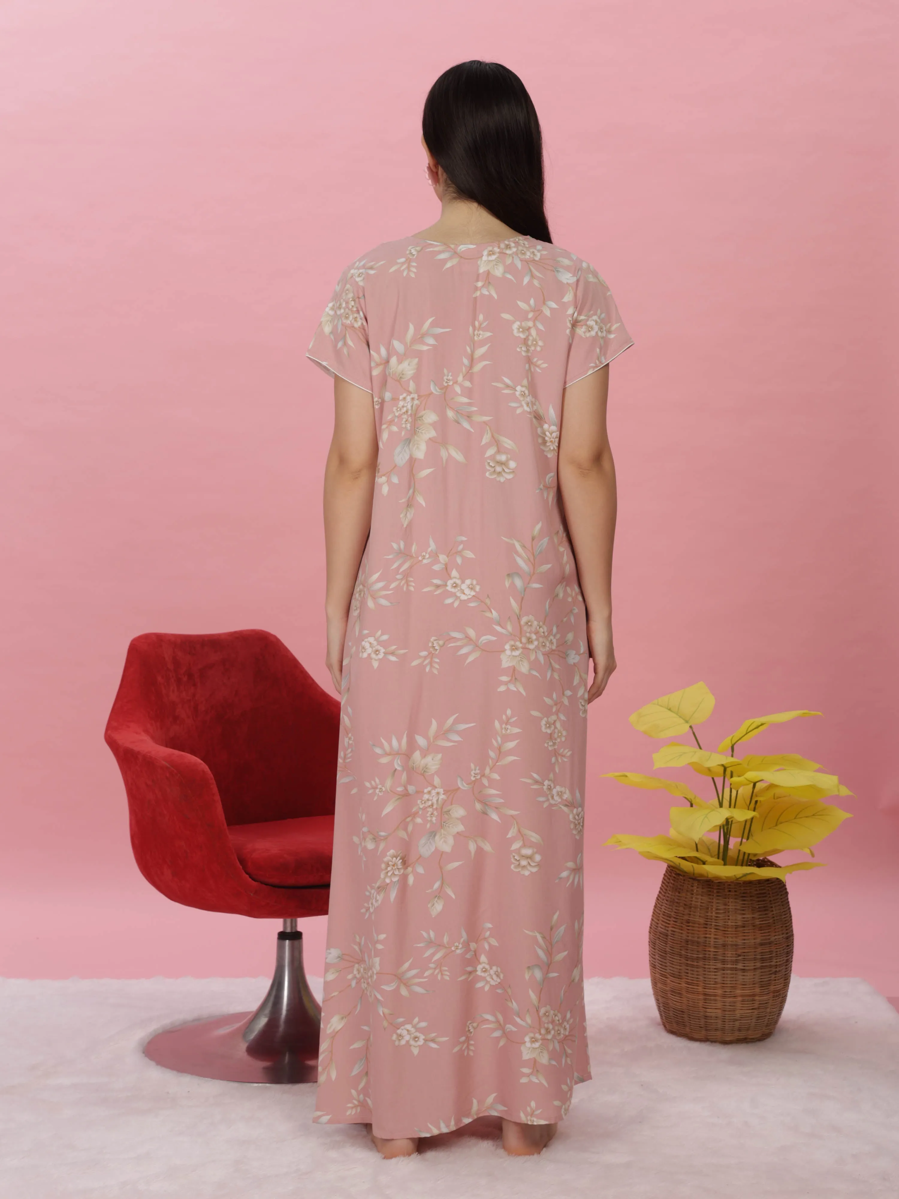 Pastel Peach Rayon Maxi Nightdress with Floral Print