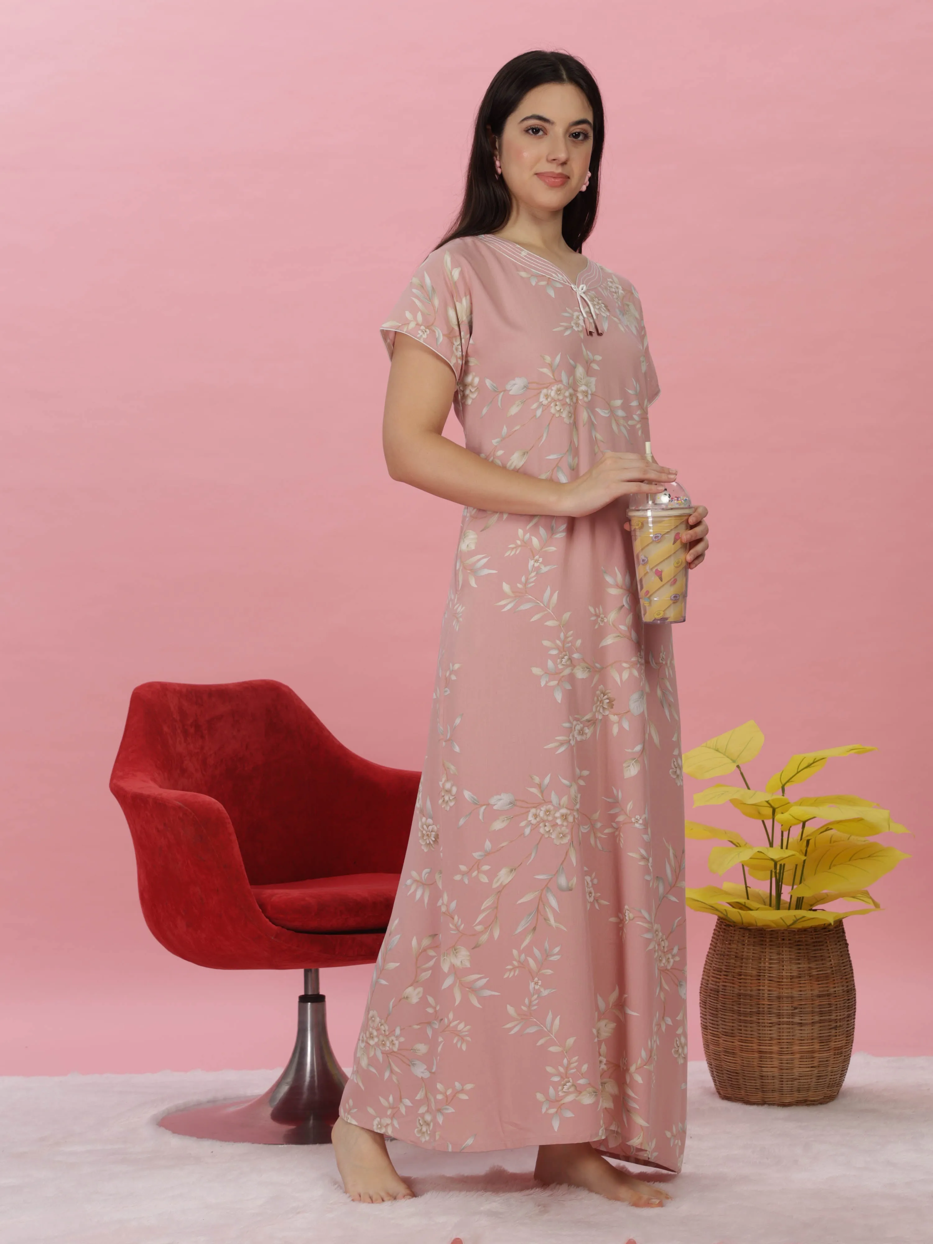 Pastel Peach Rayon Maxi Nightdress with Floral Print
