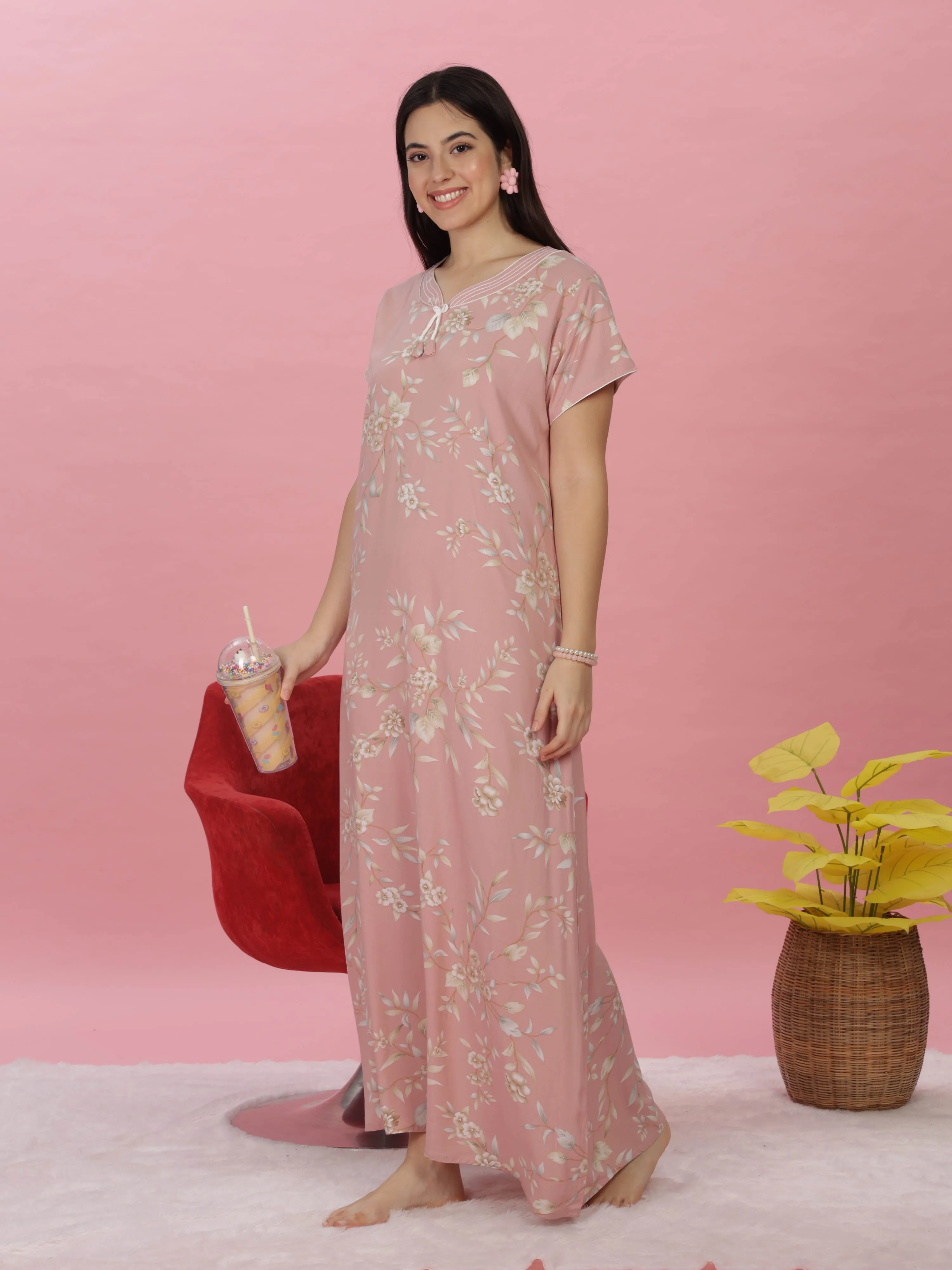 Pastel Peach Rayon Maxi Nightdress with Floral Print