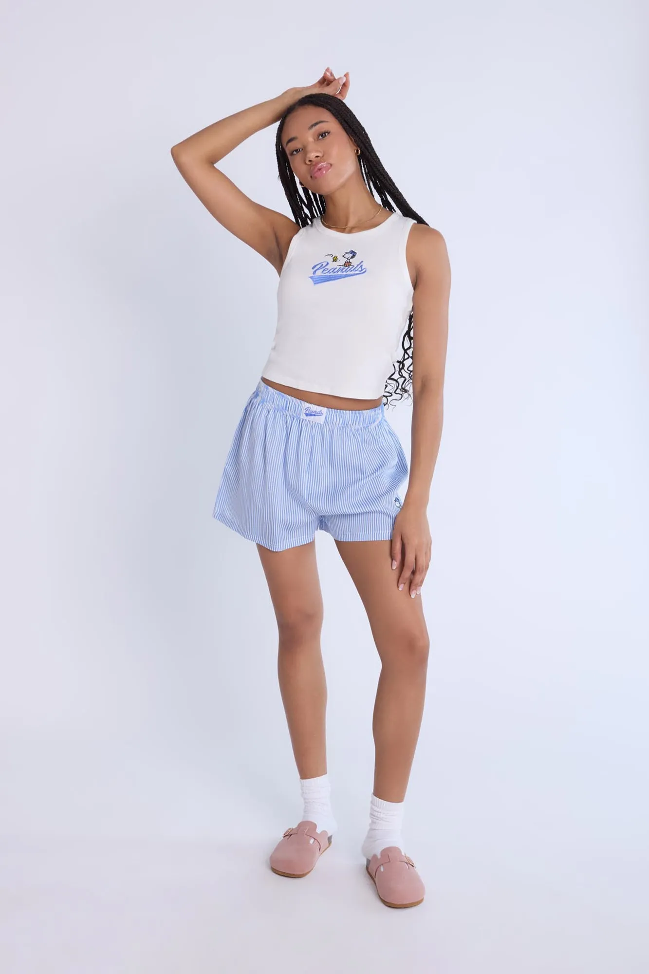 Peanuts Snoopy Embroidered Pajama Tank Top And Boxer Shorts 2-Piece Set