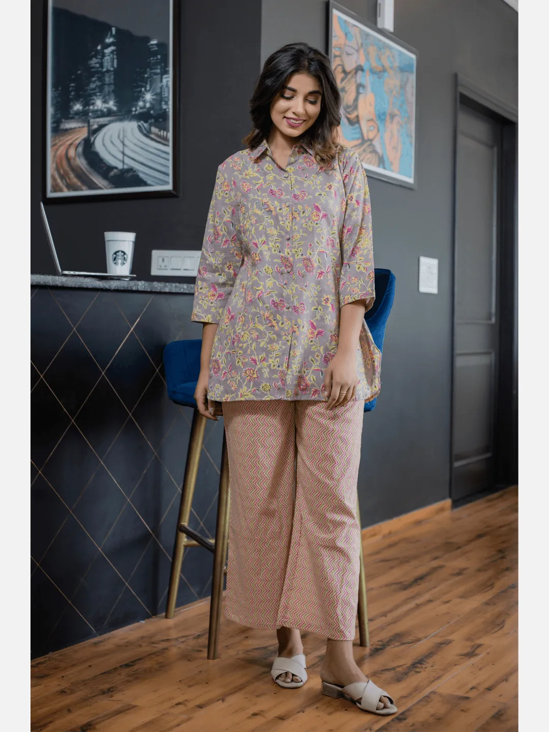 Pink Jaal Grey Collared Cotton Loungewear