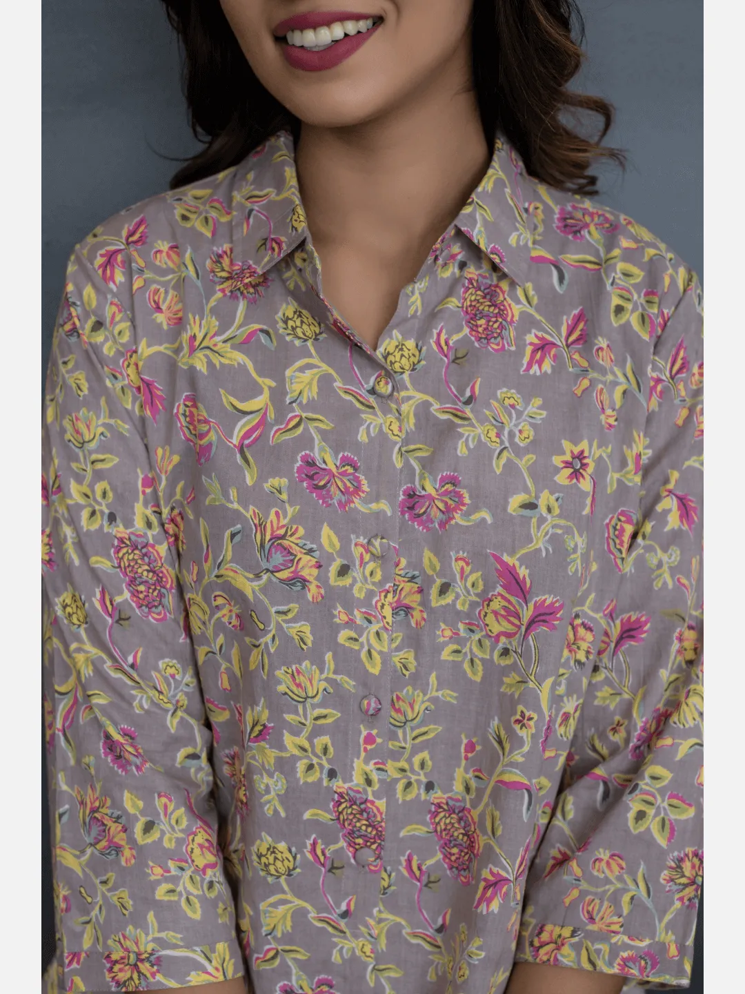 Pink Jaal Grey Collared Cotton Loungewear
