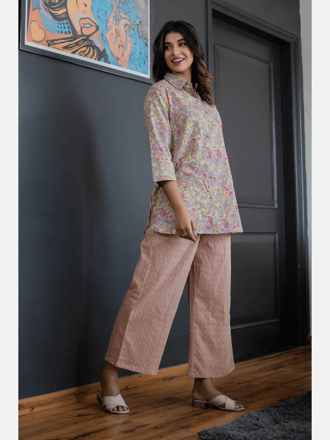 Pink Jaal Grey Collared Cotton Loungewear