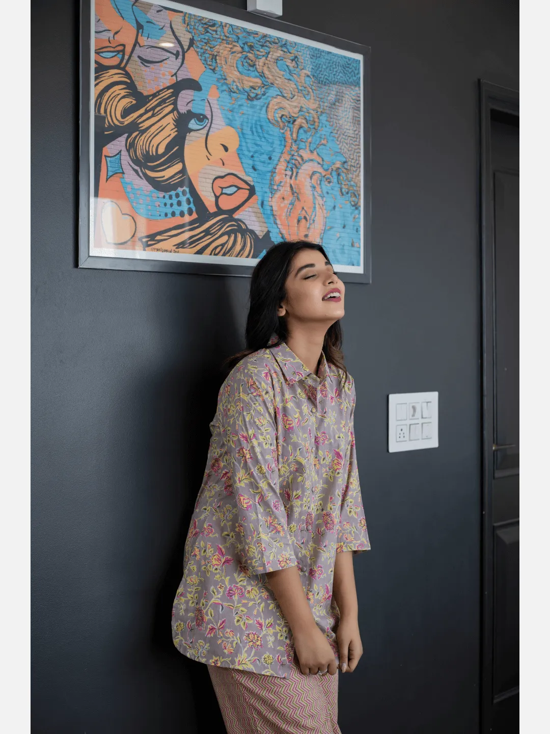 Pink Jaal Grey Collared Cotton Loungewear